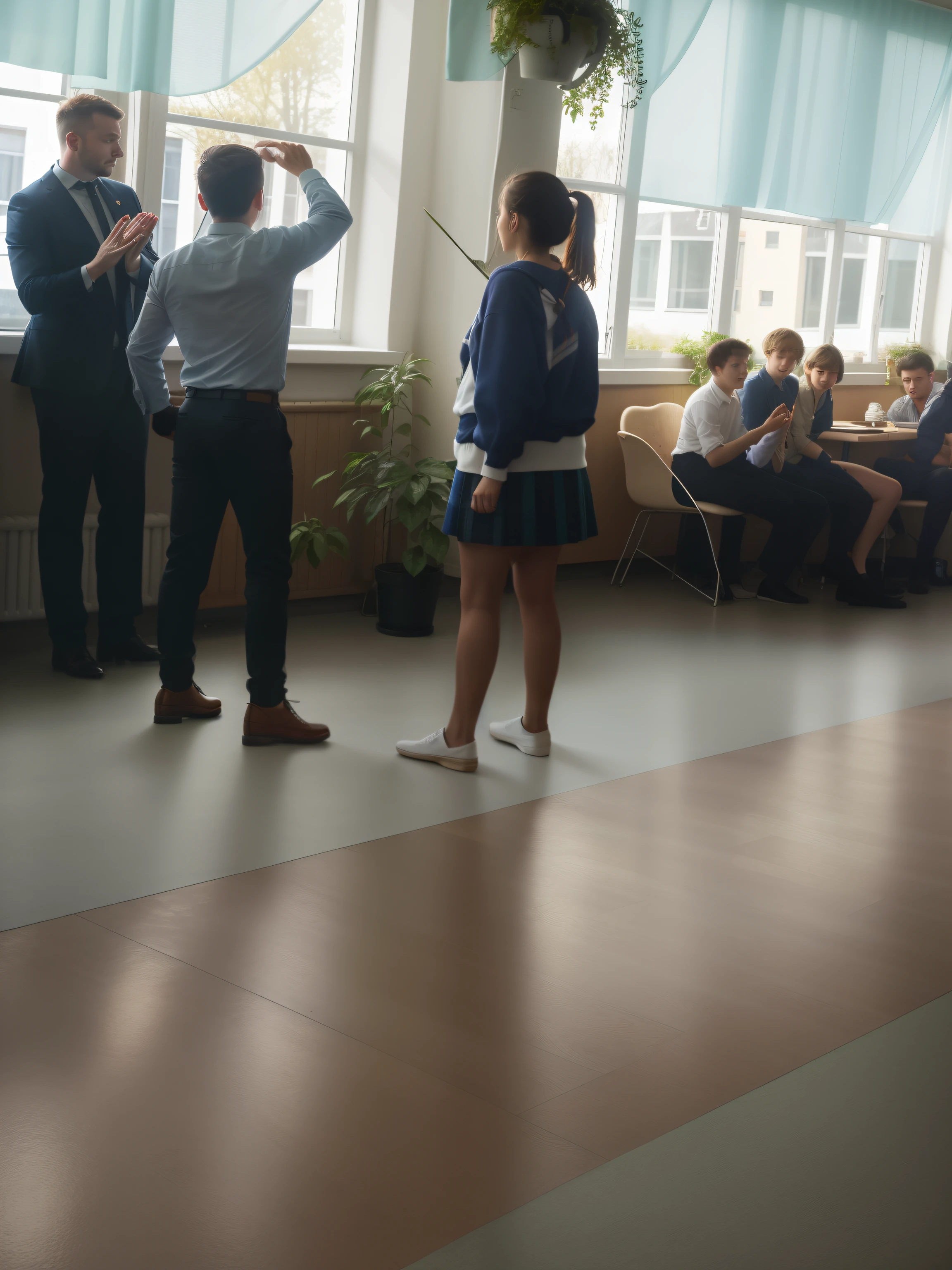 several people stand in a room with a window and a plant, competition winning, by Béla Kondor, school classroom, by Emma Andijewska, activity with fight on swords, by Stefan Gierowski, Oscar Thordai Schilling, by Hristofor Zhefarovich, dancing in the background