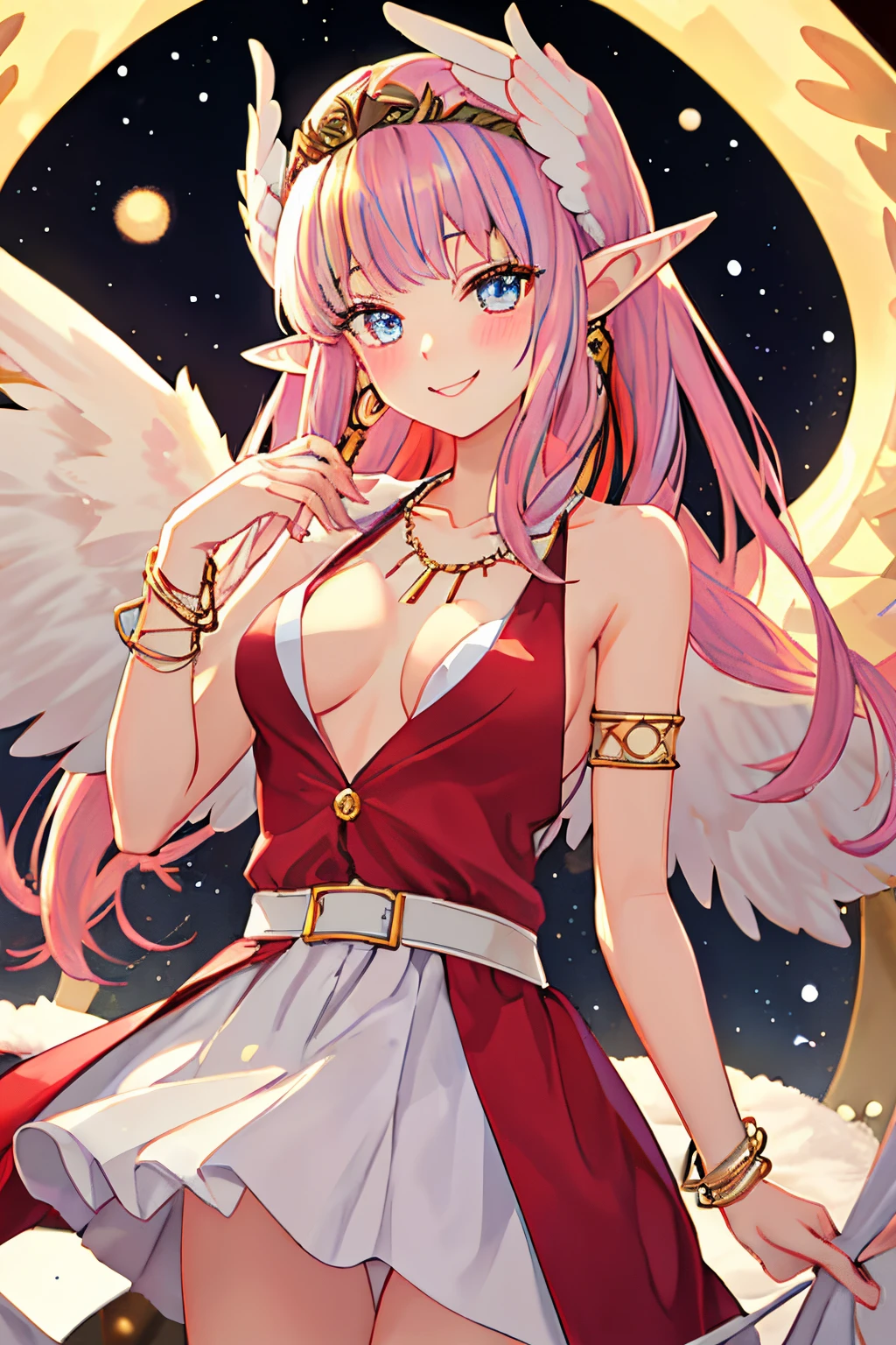 best quality, master piece, Tall, alone, {Circe_FGO:1.15}, pointed_Ears, Pink_fur, Head_Wings, Wings, fringe, feathered_Wings, Long_hair, jewel, smile, breasts, necklace, blush, small_breasts, multicolored_eye, 1girl, bracelet, looking_at_viewer, blue_eye, white_backstory, tiara, santa klaus outfits, christmas outfit, sey clothes, red christmas clothes