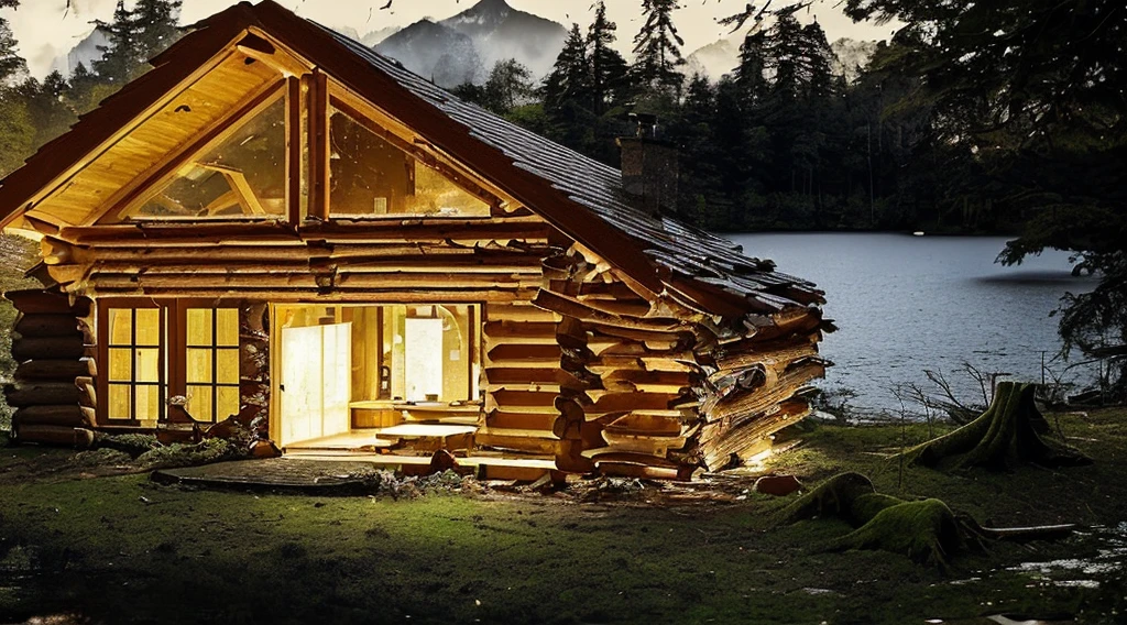 warm and welcoming house in the woods, lake, dusky weather in a moist forest, axe in a woodcutter tree-stump