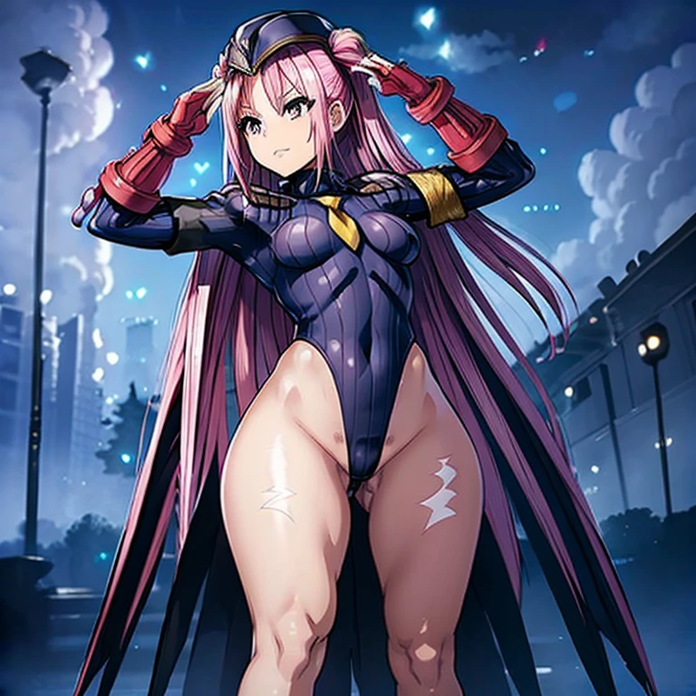 ultra-detailed, Explicit, Beautiful body, Beautiful Nose, Beautiful character design, perfect eyes, perfect face, ultra highres, 4K, beautiful legs, perfect legs, Nice hands, Perfect hand, Masterpiece, Best Quality, Highly detailed, illustration, absurdres, street fighter, doll suit, shadaloo doll, dollsuit, girls, multiple girls, expressionless, blank eyes, looking at viewer, red gloves, emotionless, black latex, corrution, mind control, female combatant, full body, hypnotized, unhappy trance, full body suit, ribbed bodysuit, both arms at side, stand up straight, obey, perfect female body, extremely glossy latex, hypnosis, hypnoLora, empty eyes, Mind control device, poses, submissive_pose, Slave, hat, necktie, stand up straight, standing, standing at attention, hat, necktie, belt, extending the right arm from the shoulder into the air with a straightened hand, nazi saluting, military, military saluting, salute, right hand saluting, left hand at side, latex, ribbed bodysuit, wide hip, thicc, a curvy body, Heaven burn red, pink hair, long hair, kunimi tama