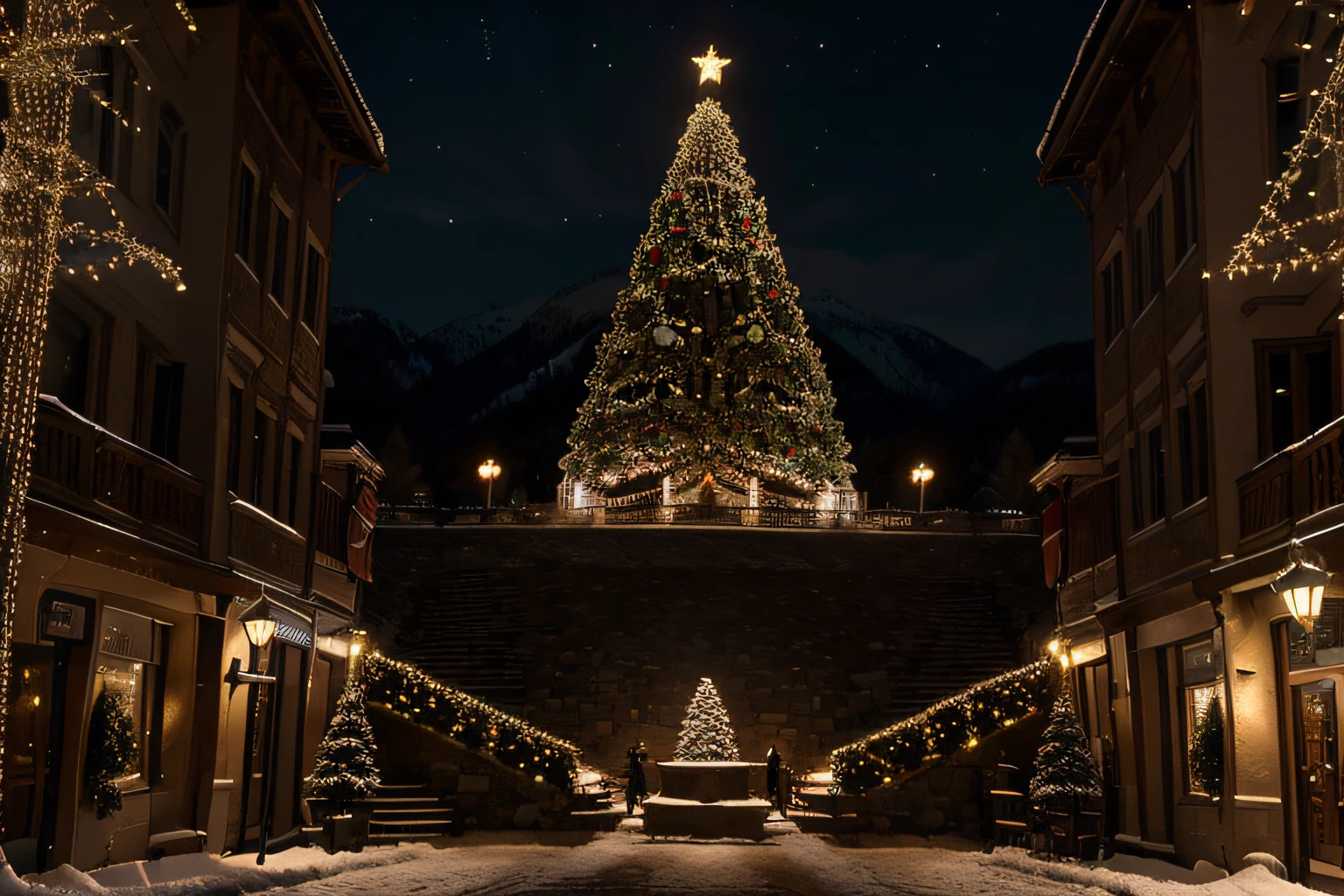 ((Obra maestra, La mejor calidad)), (extremadamente intrincado:1.3) foco nítido, dramatic, Galardonado, cinematic lighting, portrait of a small town in the mountains illuminated with Christmas lights and a large Christmas tree in the square