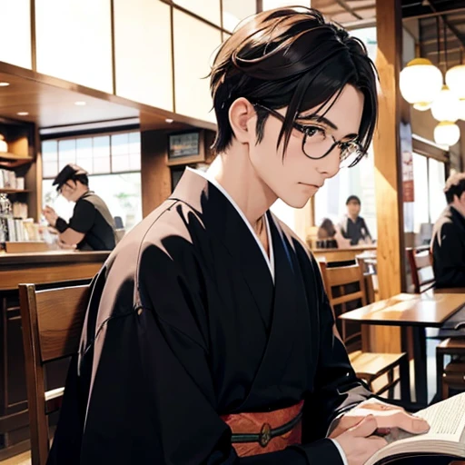 人物：A man wearing glasses、put on a kimono and sit on a chair、Reading a book。 Background with：In a café like Starbucks、counter or table、chairs are placed。 angle：This is a side angle that looks like a man sitting on a chair.。This is a close-up of the upper body。
