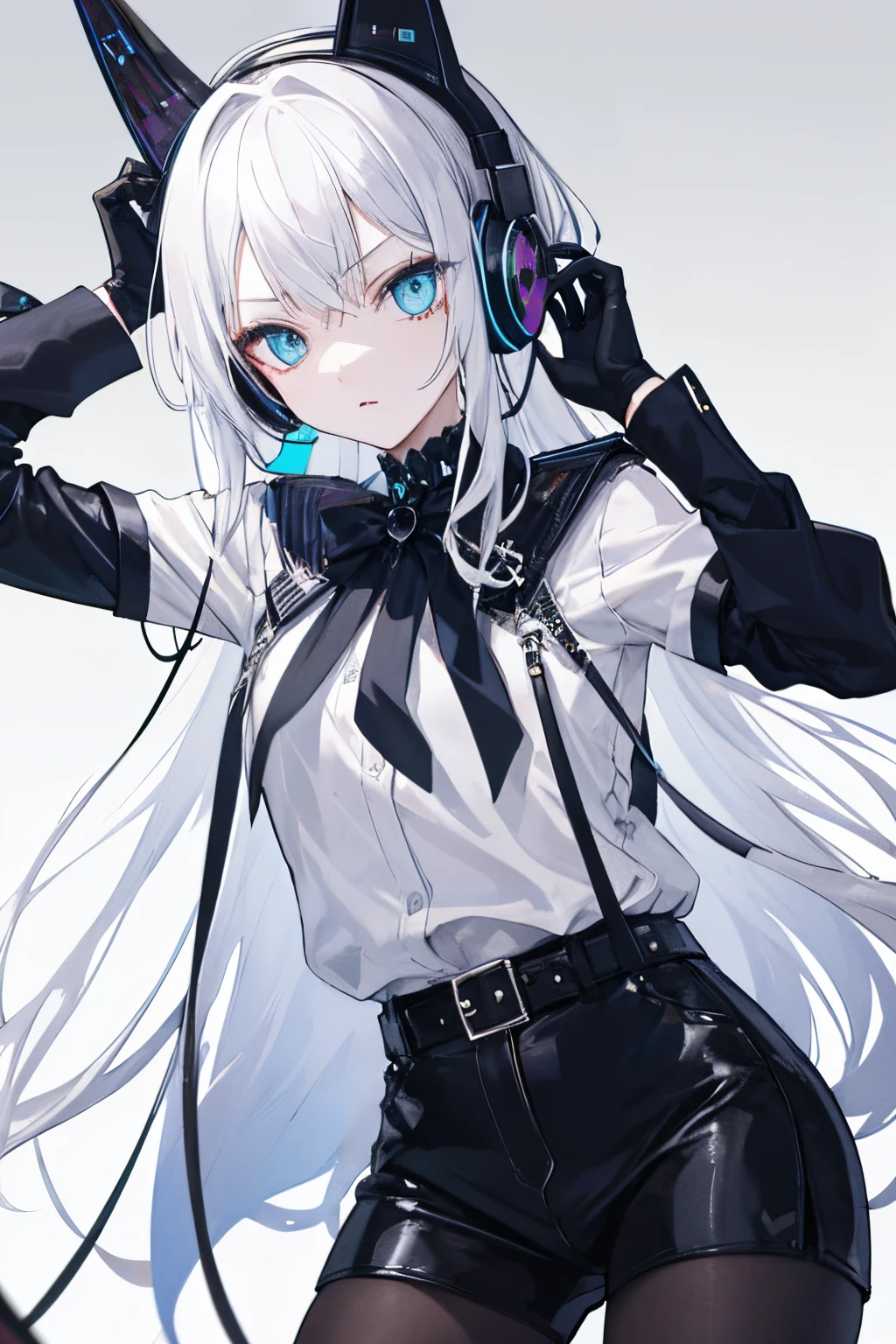 The girl's royal sister wears headphones, leather black gloves, white long hair, gothic style spider, cool wearing shirt, blue clothes, fierce eyes