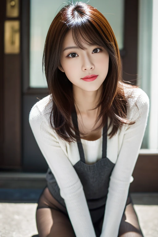 primitive, masutepiece, ultra fine photos, Best Quality, Ultra-high resolution, Realistic, Sunny, portrait of a full body, Amazing beauty, Dynamic Posture, Exquisiteface, Vibrant eyes, Very detailed background, Detailed face, Detailed tidy background, Gorgeous, High Detail Skin, Realistic skin details, Visible Pore, Clear focus, Volume Fog, 8K UHD, Digital SLR, High quality, film grains, Fair skin, Realism, ((Wear pantyhose:1.4)),pantiesesh sweater dress