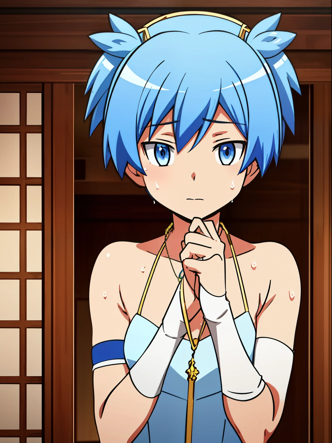 masterpiece, best quality, high quality, 1boy, solo, male focus, looking at viewer, upper body, shiota_nagisa, blue hair, blue eyes, short twintails, Shy, Sweat, Transparent veil covering the head, Gold necklace, Elbow glove, Halter dress, White dress, Wedding party, Wedding atmosphere