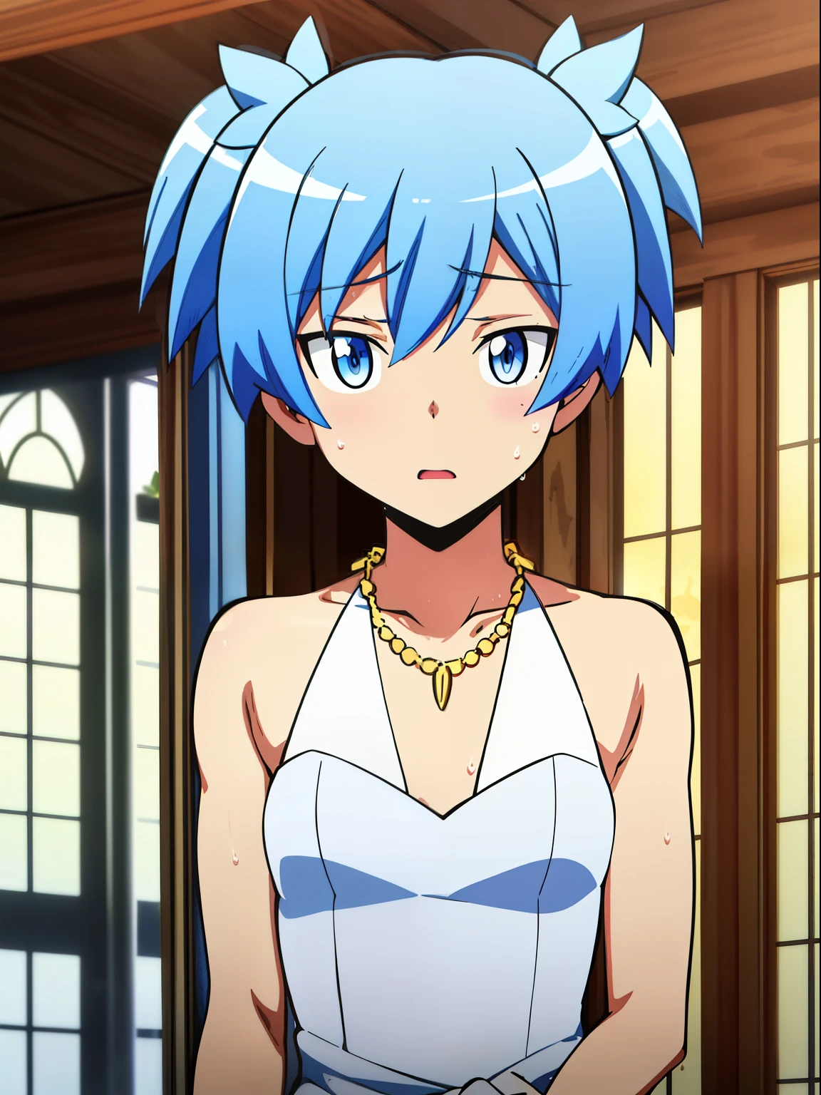 masterpiece, best quality, high quality, 1boy, solo, male focus, looking at viewer, upper body, shiota_nagisa, blue hair, blue eyes, short twintails, Shy, Sweat, Transparent veil covering the head, Gold necklace, Elbow glove, Halter dress, White dress, Wedding party, Wedding atmosphere