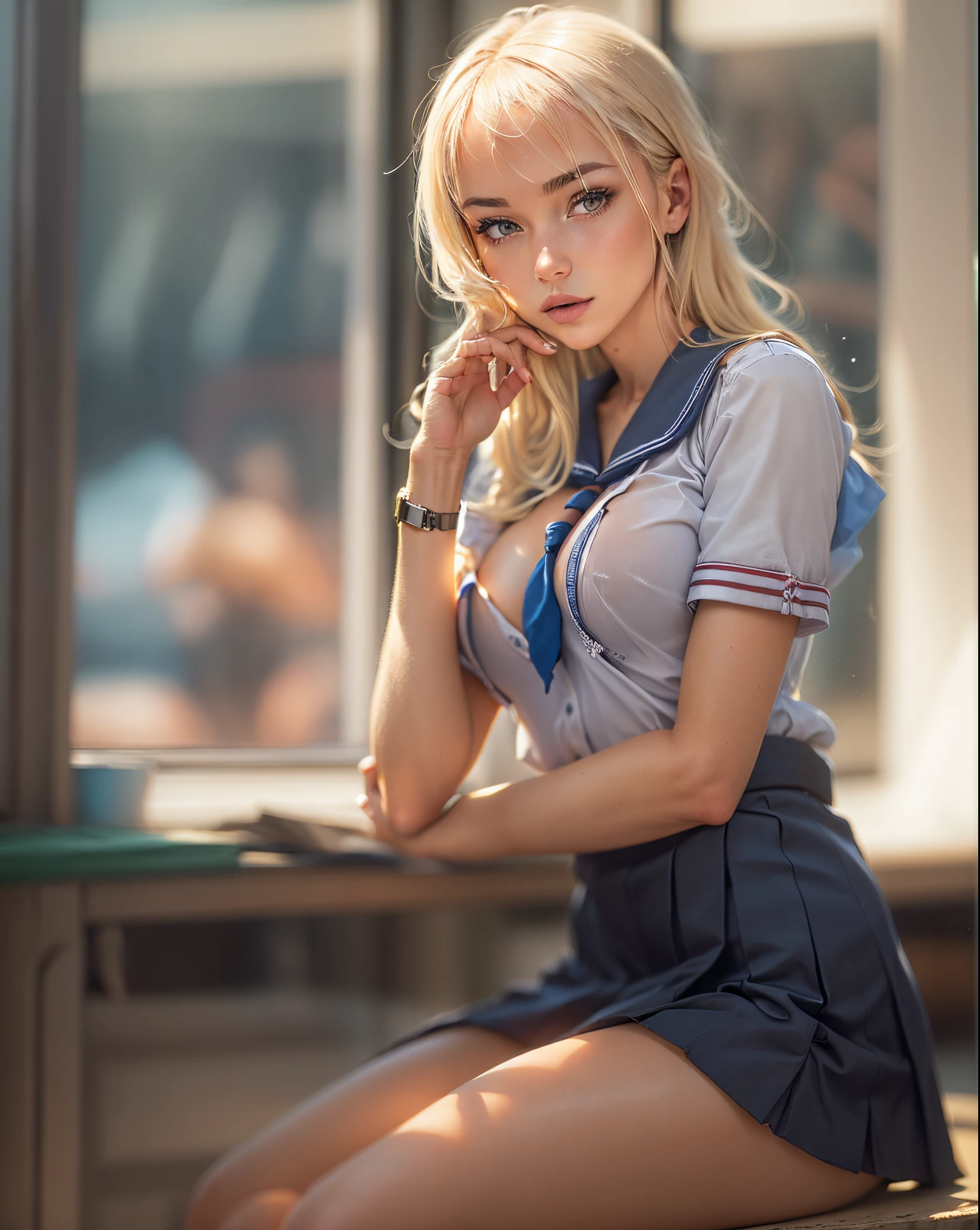 analog photo, 24 year-old blonde woman, masterpiece, best quality, ultra-detailed, colorful, depth of field, lens flare, (((big boobs))), sitting, blonde hair, (((sexy pose))), (((((cleevage))))), looking at viewer, school, empty classroom, pleated miniskirt, ((((((sexy school uniform)))))), slutty, sweaty, hot, sexual, black pantyhose, detailed skin texture, detailed cloth texture, beautiful detailed face, hyperrealistic, real, 4k