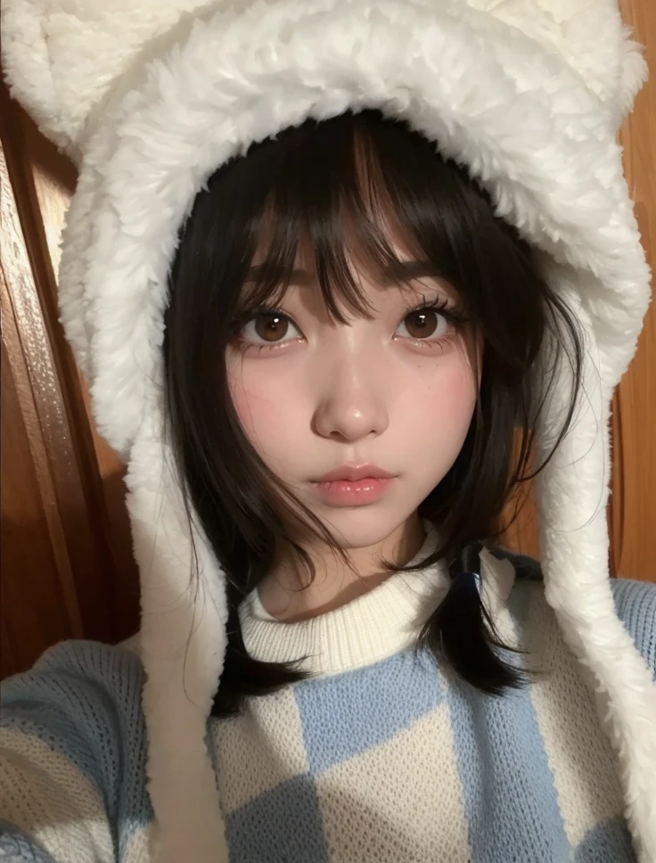 Araffe with white hat and blue and white sweater., ulzzang, Shikamimi, Chiho, Linda chica kawaii, Kemonomimi, Linda cara de anime natural, chica linda-fina-cara, con cara linda - fina -, muy hermosa linda catgirl, Sakimichan, Chica de anime en la vida real, Retrato realista kawaii