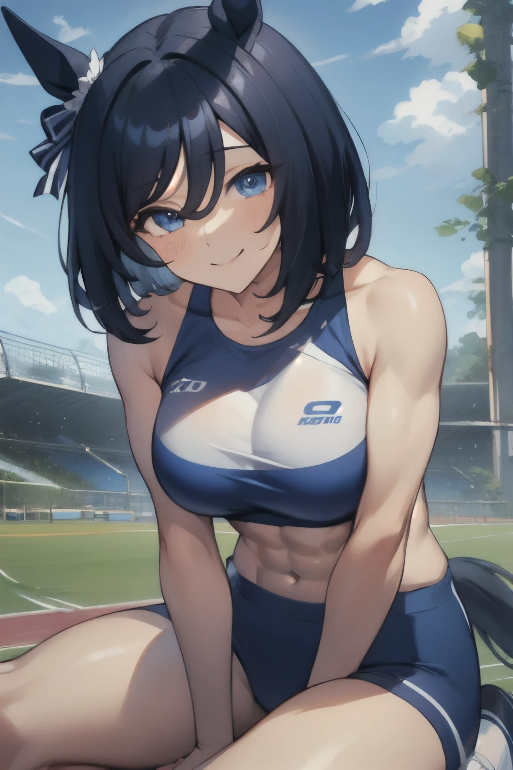 eishin flash\(umamusume\), ((ultra-detailed face)), masterpiece, best quality, symmetrical face, beautiful face, muscle, rikujou, horse tail, large tits, smile, abs, athletics track, hand between legs