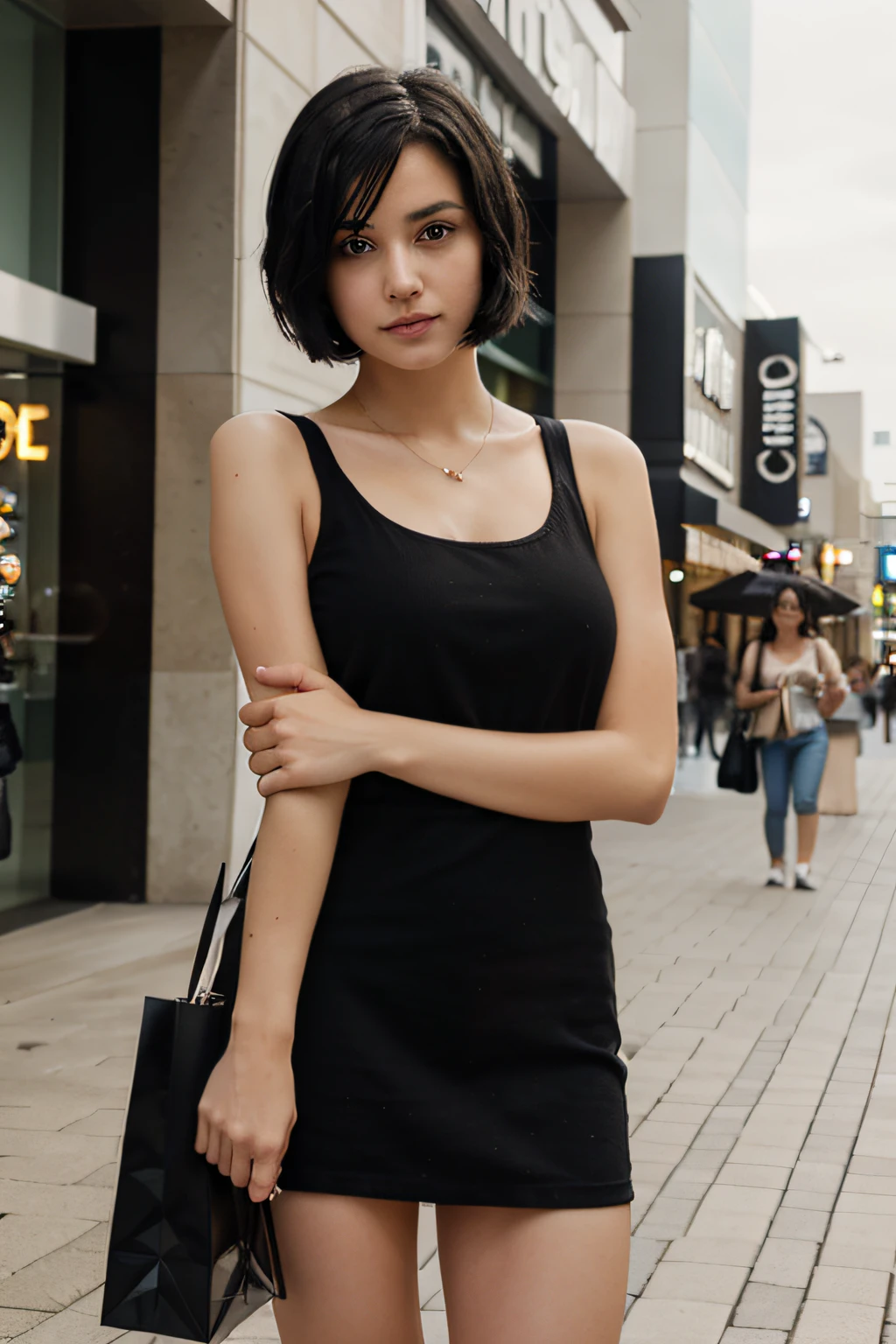 real girl, short hair, black hair, in front of a mall, facing the camera, has black eyes, shopping bag