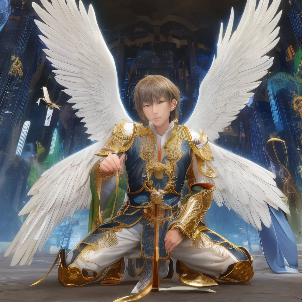 arafed man kneeling down with wings on his knees, winged human, winged boy, zhuoxin ye, an angel, naoki ikushima, mingchen shen, tomoyuki yamasaki, donglu yu, with real wings, wu liu, hyung-tae kim, young wan angel, hyung - tae kim, masashi ando, kan liu
