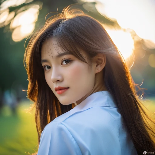 (masterpiece,best quality,ultra detailed,4k portrait:1.5),Handsome Vietnamese woman 25 years old, In the park, mullet, Brown hair, close up, Satellite Imagery, Backlighting, nffsw, High quality, Best Quality, hight resolution, 8K, 16 K