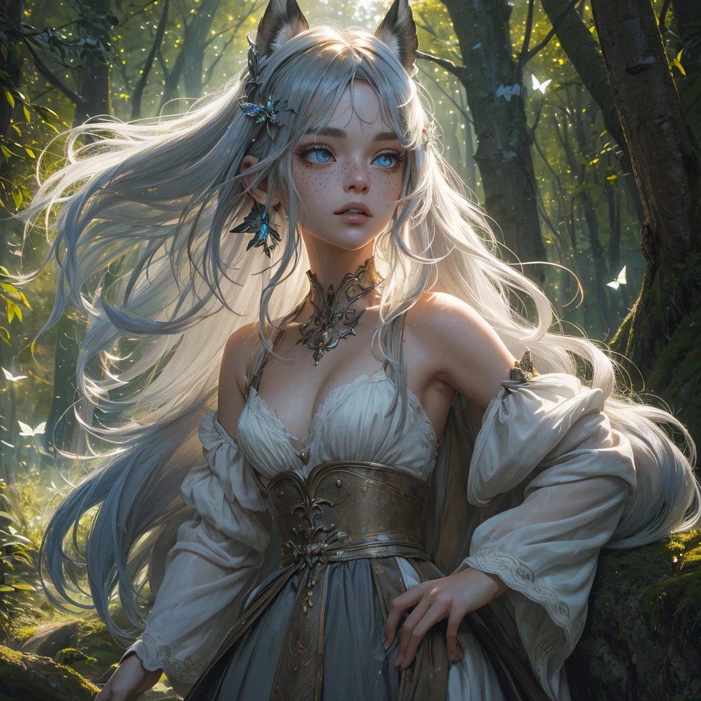 closeup full body realism portrait woman in the forest (short_neck) twinkling lights medieval fantasy | long_hair epic | vibrant sunrise subtractive lighting holy glow closeup portraitt entire body sharp_image butterflies animation_realism 3D perfect stunning animated (full screen) comicbook | saturated color | deep_color | deep depth of field | polished | whimsical gothic fairycore | intricate beautiful ethereal epic warrior freckles | long hair high_resolution | sparkle, glossed chatoyant | high contrast | dark_shadows hyperdetailed | mystical | backlit | whimiscal | perfect_face perfect_limbs Dan Mumford (HDR) (3D animation realism) (digital photoillustration) (epic) (perfect eyes) (clear eyes) (bright eyes) (bright light) (dynamic lighting) (subtractive lighting) (gorgeous composition) (deep depth of field) (perfect ears) (gloss highlights) (polished chatoyant) (bright highlights) (deep shadows) (ambient occlusion) (hyperrealism) (unique features) (detailed) (whimsical) (fantastical) (stunning) (ultraquality) (16k) (sharp focus) (perfect dynamic pose) accurate faces