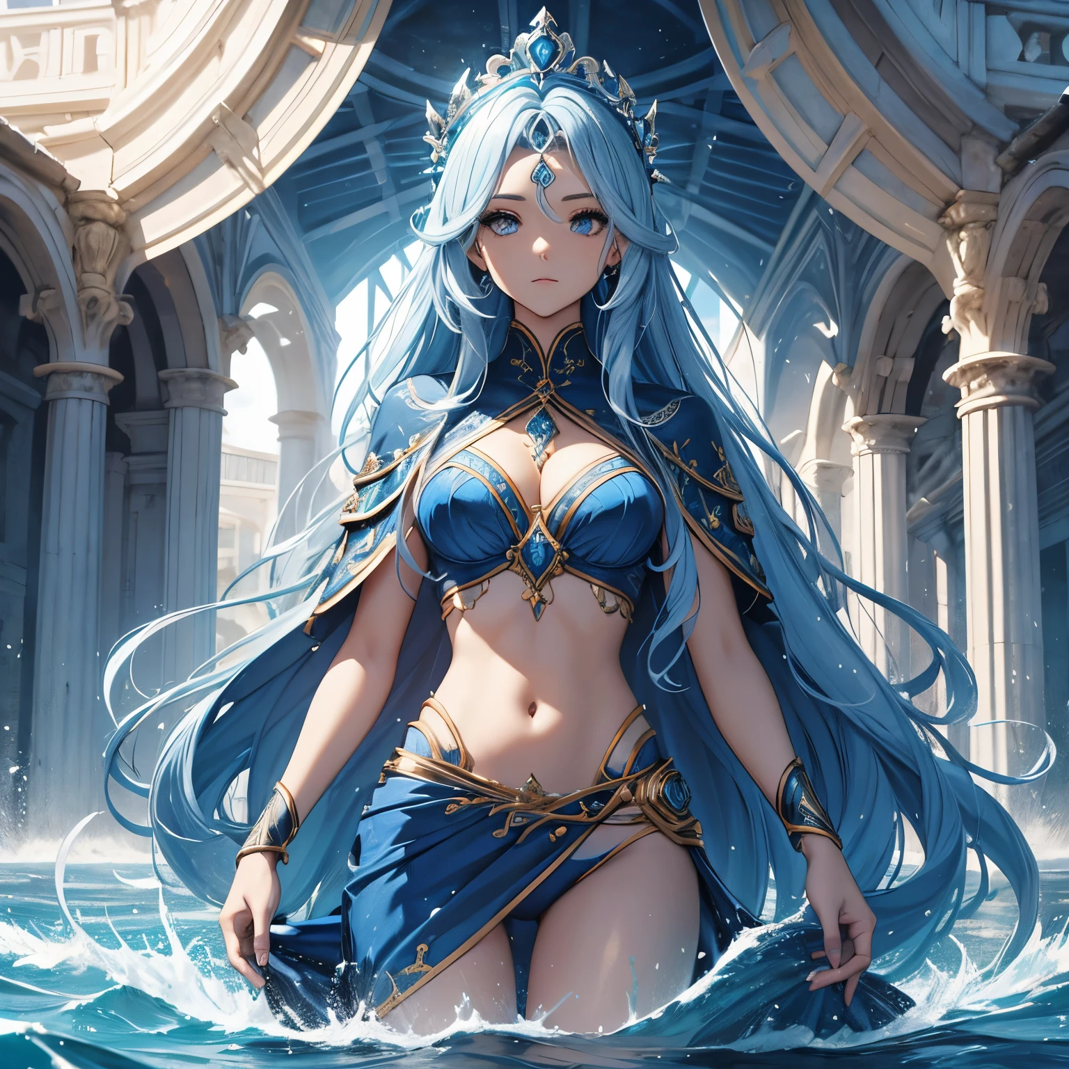 water goddess. Alta. Olhos de cor azul. Cabelos compridos e lisos de cor prateado comprido. De corpo todo. Alta. athletic. Seios pequenos. Roupa de luta (sem as mangas) de cor azul com detalhes na cor prata