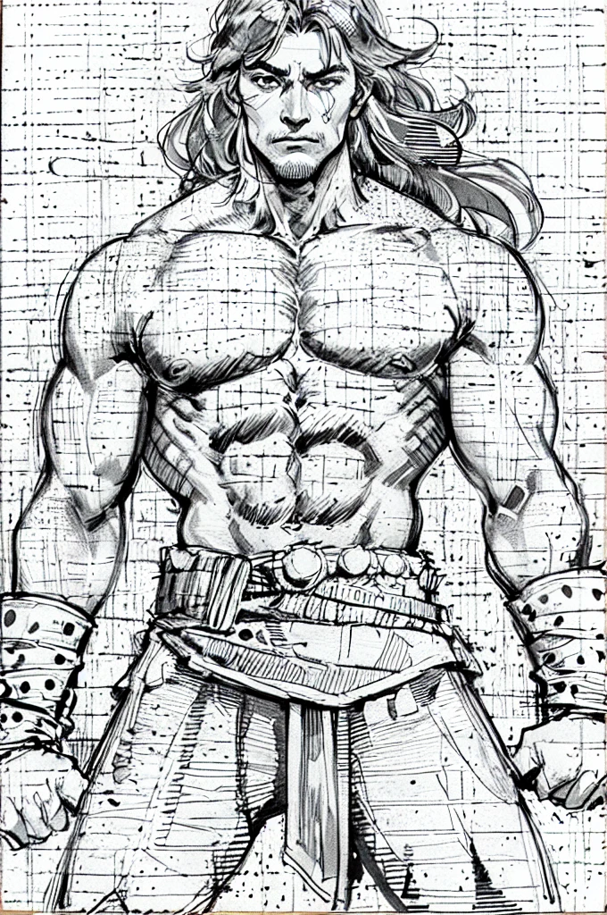 homem velho humano, Conan, the Barbarian, ((sozinho)), escala de cinza, monocromatic, sem antecedentes_com um fundo branco puro, fundo simples, black and white art sketch