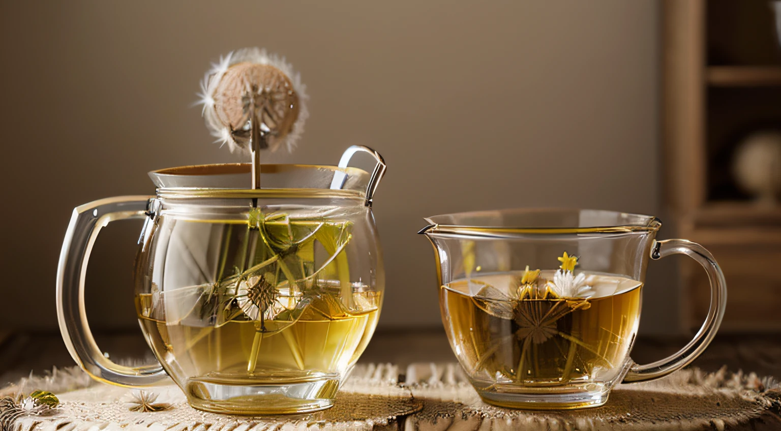 Imagem de (((Dandelion tea))), being placed in transparent cups showing some ingredients of what it is made of, I really want clarity with every possible detail in this image.
