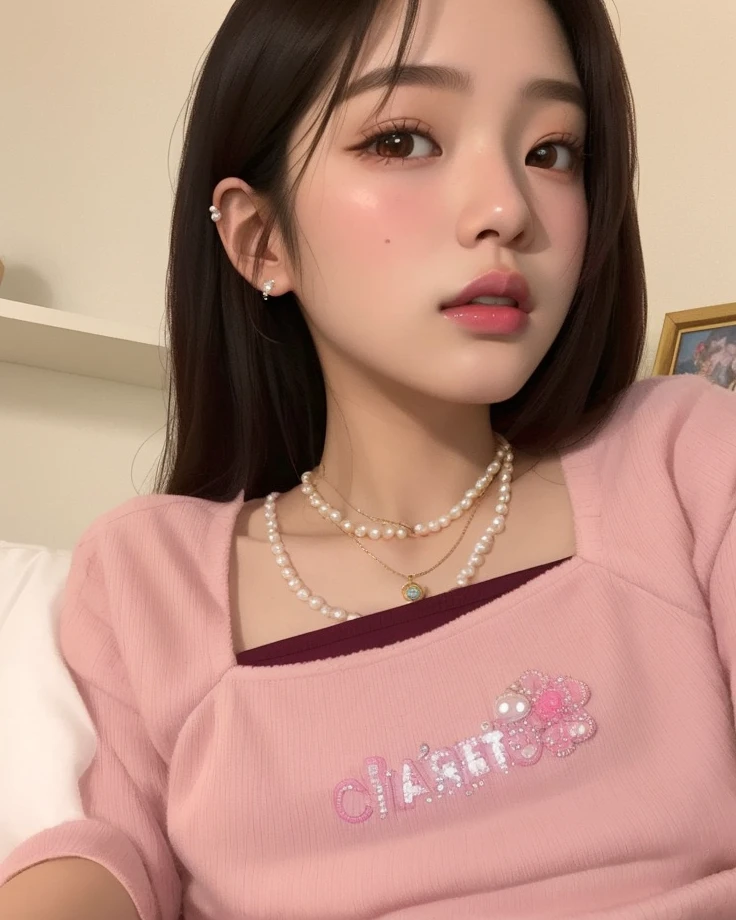 Arafed Asian girl with a pearl necklace and a pink shirt., Chica coreana, ulzzang, Blackpink Jennie, Asian girl, 19 year old girl, young cute wan asian face, Hermosa joven coreana, 🤤 girl portrait, Chiho, young asian woman, Jaeyeon Nam, Parque Roseanne de Blackpink, Jinyoung Shin, Heonhwa Choe