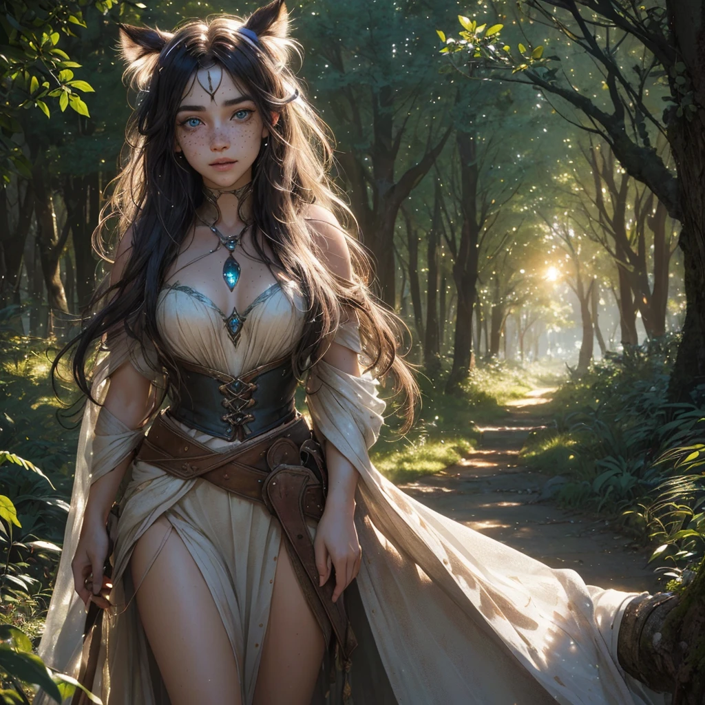 closeup full body realism portrait freckled woman in the forest (short_neck) twinkling lights medieval fantasy | long_hair epic | vibrant sunrise subtractive lighting holy glow closeup portraitt entire body sharp_image butterflies animation_realism 3D perfect stunning animated (full screen) comicbook | saturated color | deep_color | deep depth of field | polished | whimsical gothic fairycore | intricate beautiful ethereal epic warrior freckles | long hair high_resolution | sparkle, glossed chatoyant | high contrast | dark_shadows hyperdetailed | mystical | backlit | whimiscal | perfect_face perfect_limbs Dan Mumford (HDR) (3D animation realism) (digital photoillustration) (epic) (perfect eyes) (clear eyes) (bright eyes) (bright light) (dynamic lighting) (subtractive lighting) (gorgeous composition) (deep depth of field) (perfect ears) (gloss highlights) (polished chatoyant) (bright highlights) (deep shadows) (ambient occlusion) (hyperrealism) (unique features) (detailed) (whimsical) (fantastical) (stunning) (ultraquality) (16k) (sharp focus) (perfect dynamic pose) accurate faces