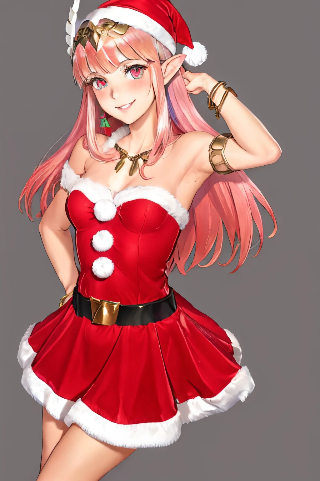 {Circe_FGO:1.15}, pointed_Ears, Pink_hair, Head_Wings, Wings, fringe, feathered_Wings, Long_hair, jewel, smile, small breasts, , blush, small_breasts, multicolored_eye, 1girl, bracelet, looking_at_viewer, , tiara,santa klaus costume, red santa claus hat, santa klaus outfits, christmas outfit, sey clothes, red christmas clothes, best quality, master piece, Tall, alone,