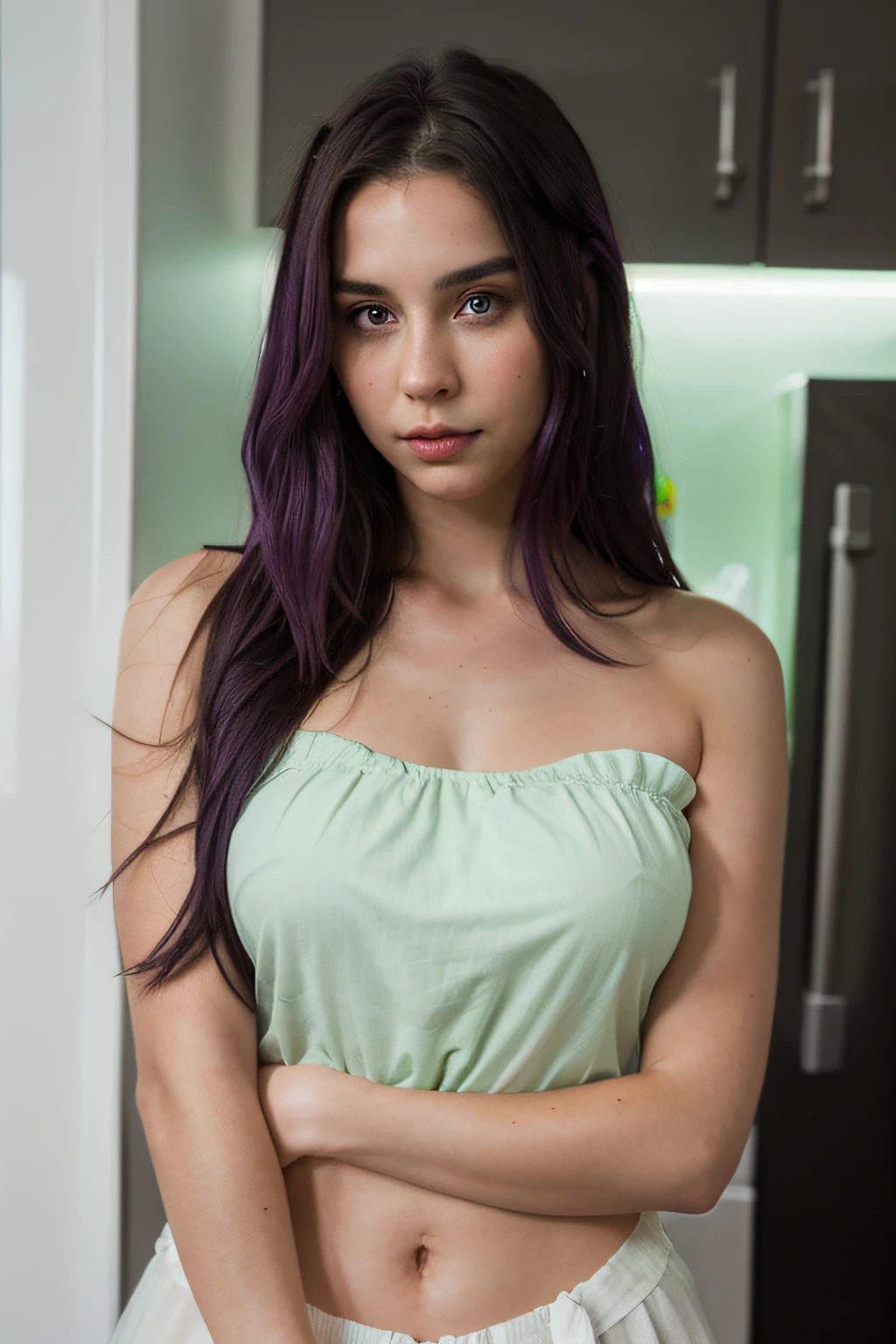 Model,full body,dark purple hair,belly,abs,naked,nipples,boobs,