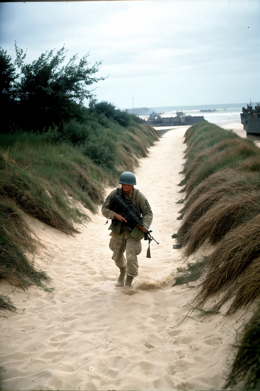 American infantryman landing on the beaches of Normandy during World War II under artillery fire from German defensive forces.