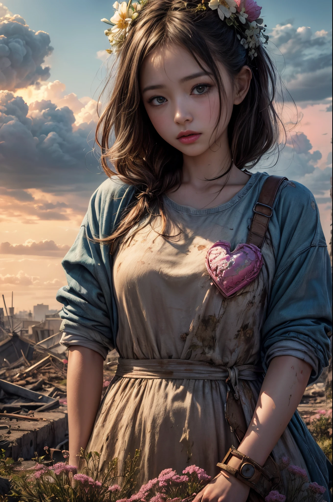 "Photorealistic painting, girl in the remnants of a nuclear disaster, fragile flowers reclaiming the land, ruins under an expressive cloud-filled sky, ((poignant)), ((heart-wrenching)), highly detailed, emotional palette"