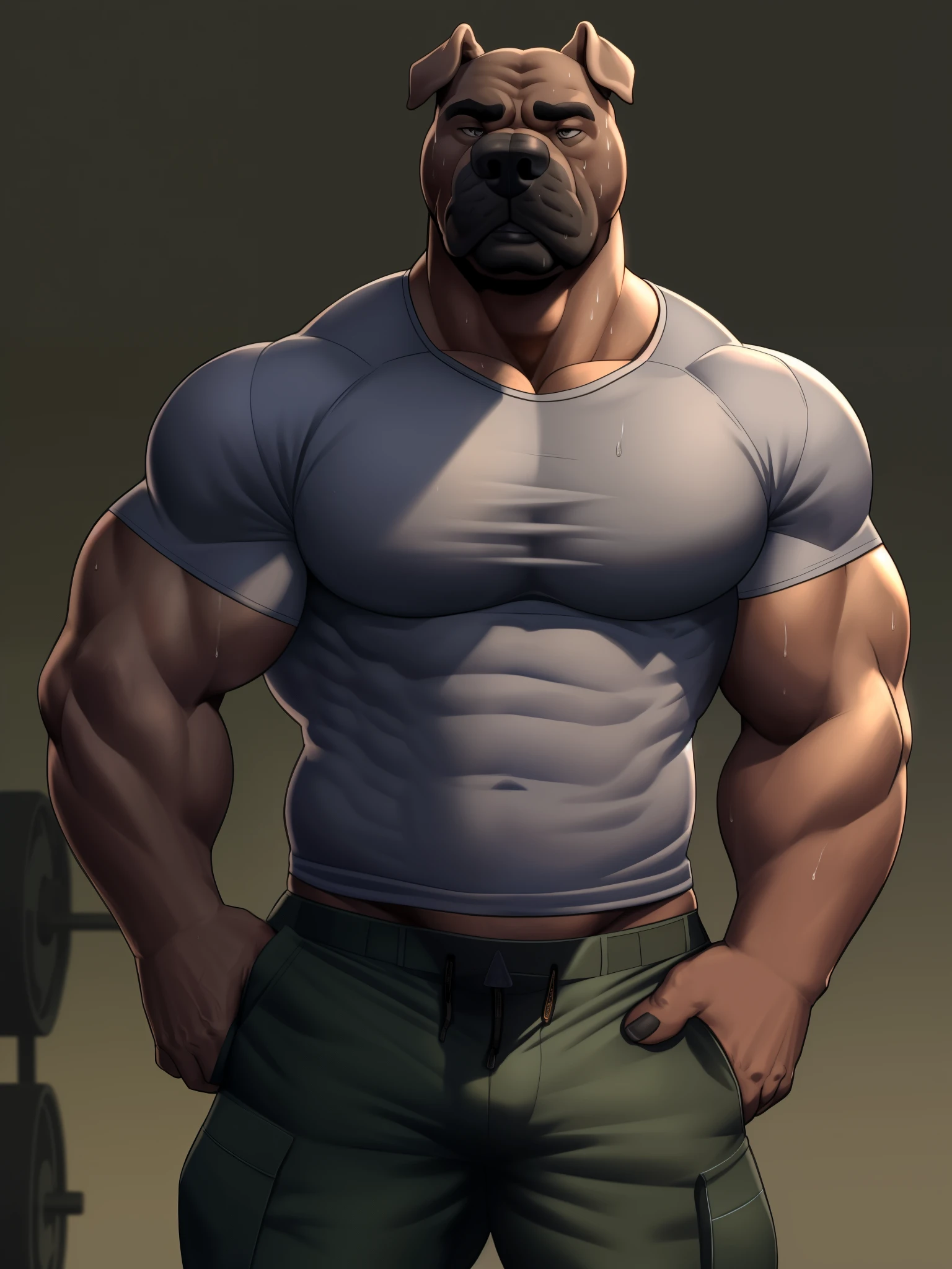 solo, anthro (Neapolitan mastiff, cane corso), full ears, brown and gray skin, detailed eyes, Gym: 1.6, sweat, heavy breathing: 1.5, correct anatomy, bicepuscular) veins throughout the body little volume of the private parts (shirt and military pants: 1.2), tatami background, 8k hd, dark shadows
