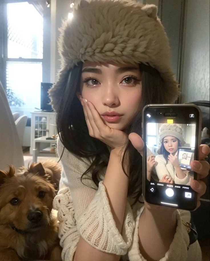 woman in a furry hat holding a cell phone and a dog, 8k selfie photograph, iPhone selfie, dilraba dilmurat, Imagen filtrada, Kailee Mandel, imagen de muy muy muy baja calidad, selfie en espejo, Foto profesional de iPhone, Foto en iPhone, flequillo esponjoso, Lalisa Manobal, Usando un pescador 🧥, selfie de una mujer joven