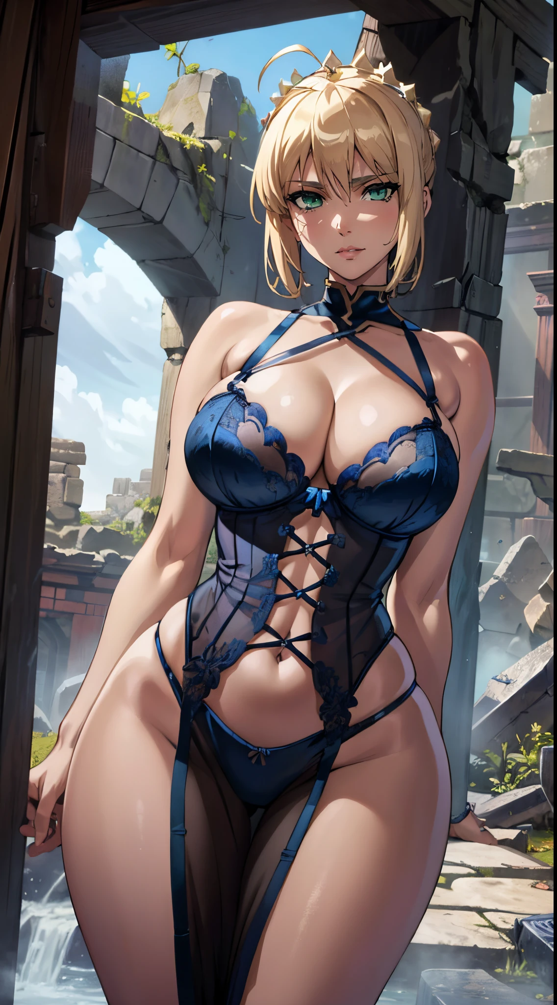 (best quality:1.3), Artoria Pendragon by Gate, ((ahego)), busty, cleavage, seductive, sexy face, sexy, curvy body, big ass, big boobs, (lingerie), (ruins),