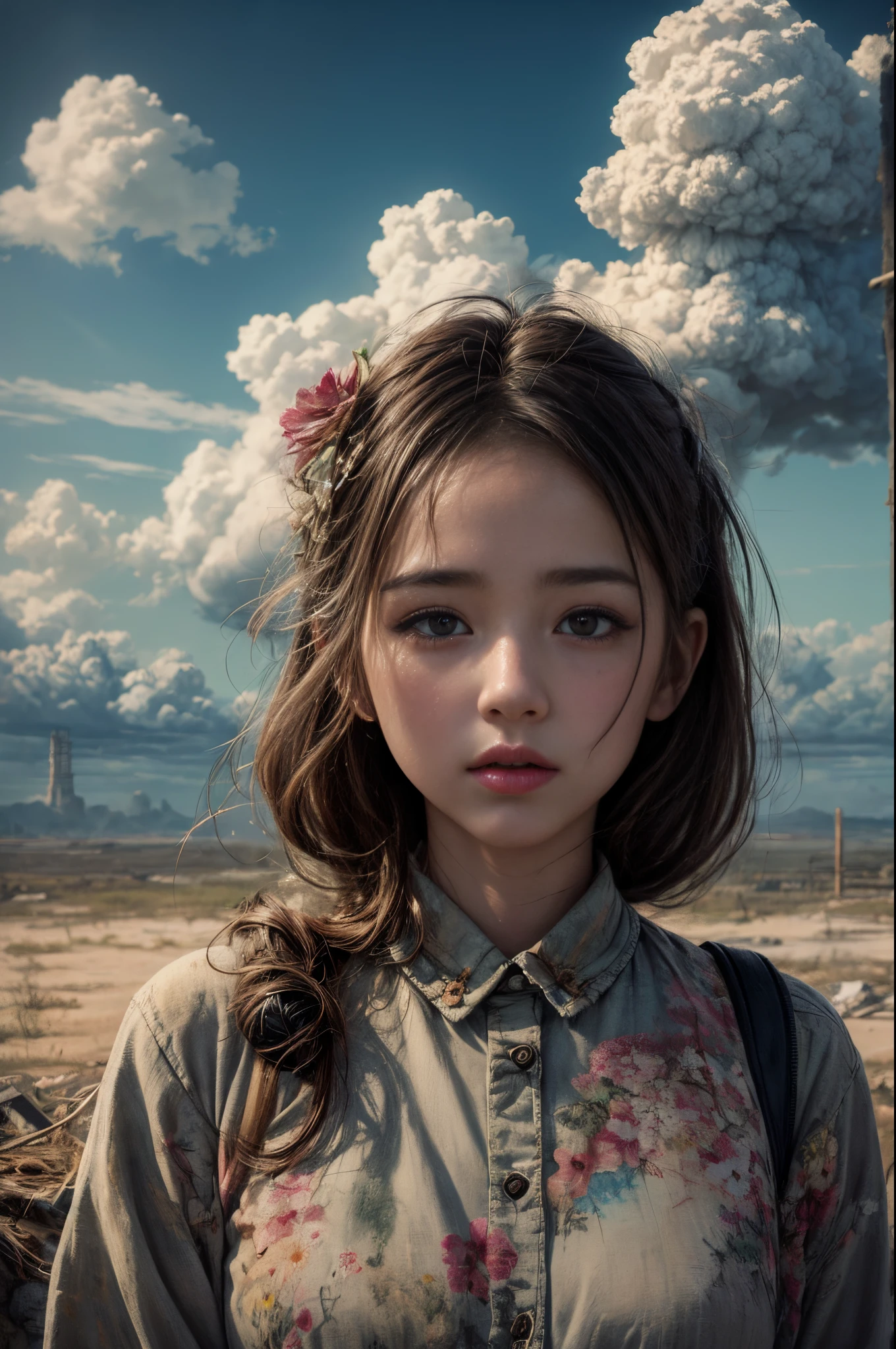 "Photorealistic painting, girl in the remnants of a nuclear disaster, fragile flowers reclaiming the land, ruins under an expressive cloud-filled sky, ((poignant)), ((heart-wrenching)), highly detailed, emotional palette"