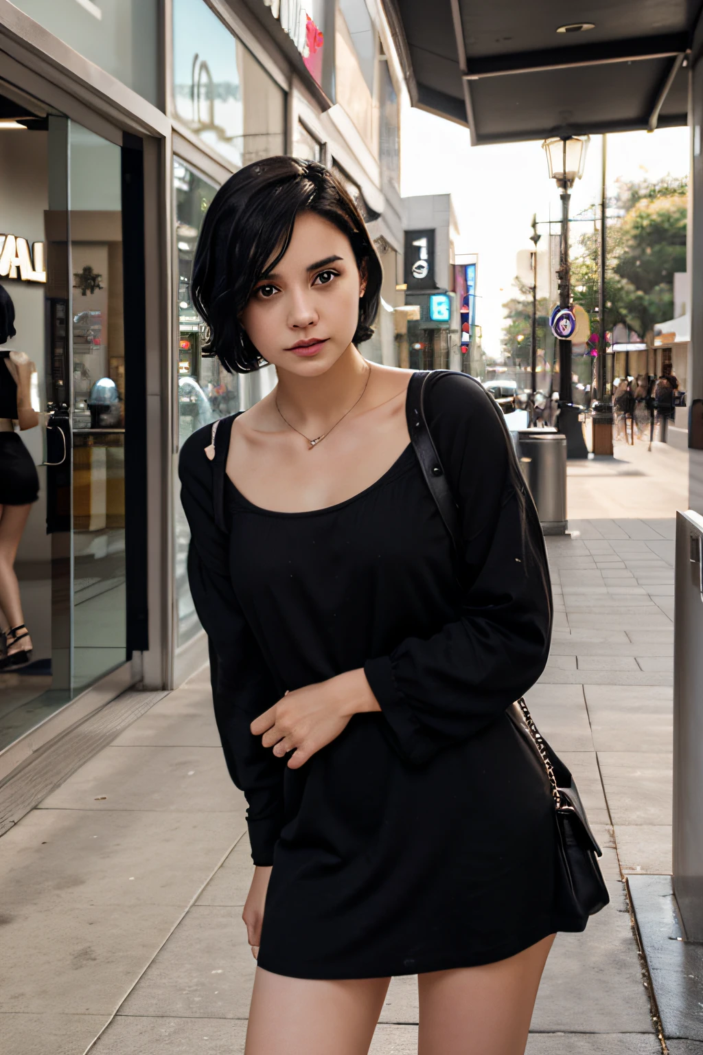 real girl, short hair, black hair, in front of a mall, facing the camera, has black eyes, wearing casual dress