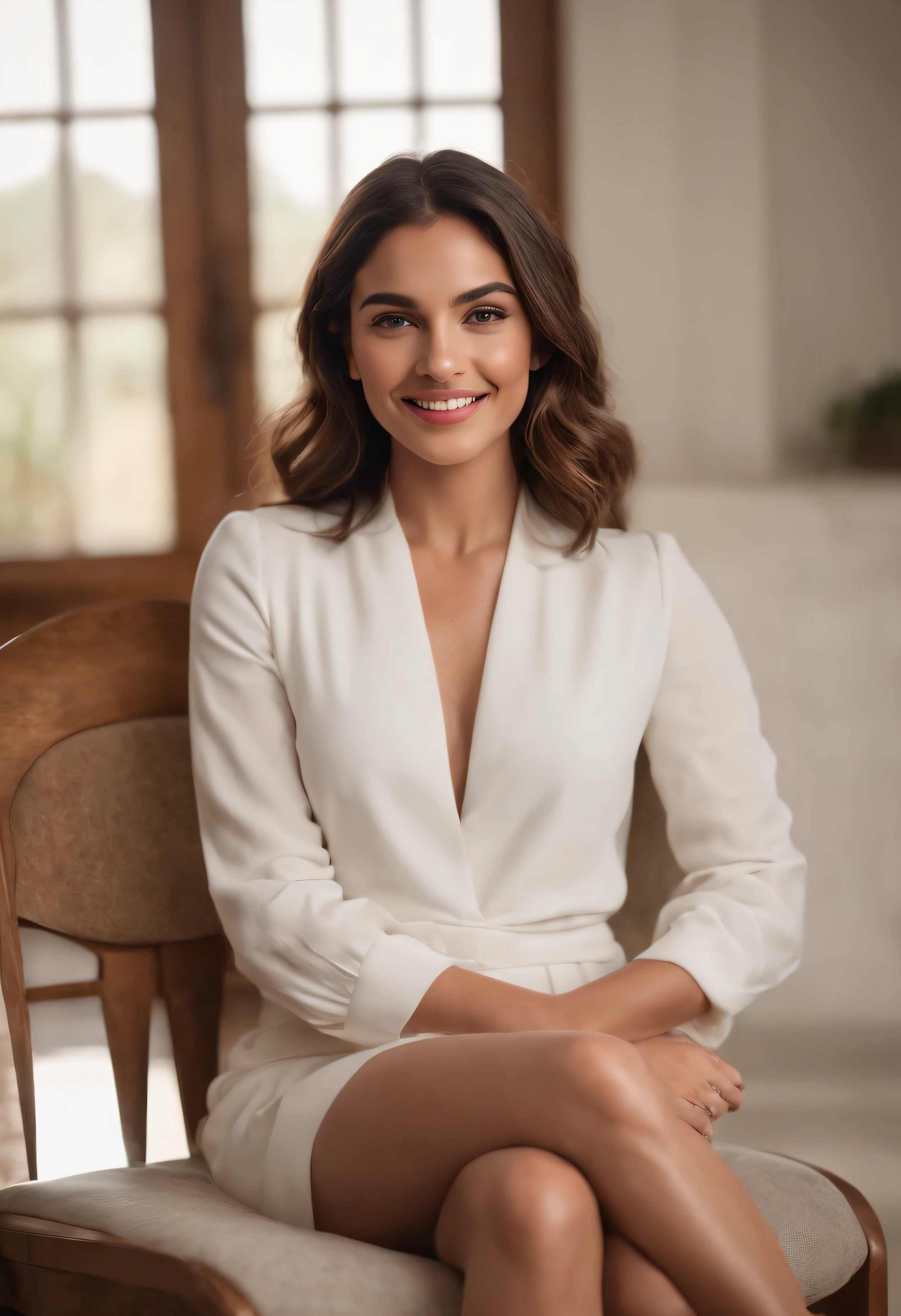 There is a cold medium dark skin brunette woman with brown hair with a light balayage., she is sitting on a chair in a room, 30-year-old woman from cuba, tomada en 2 0 2 0, hermosa y sonriente, Malika Favre, alanis guillen, she is smiling and excited, having a great time, Violeta Myers, relaxing and smiling at camera,