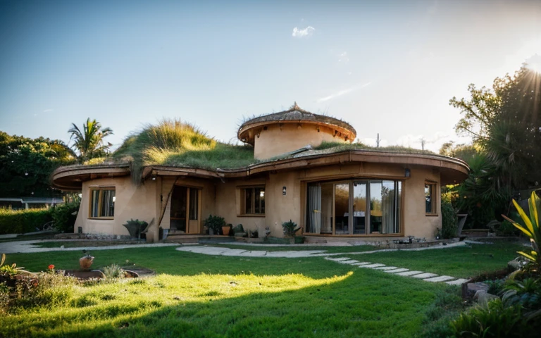 A photograph of a symmetrical contemporary round house with buttress wall, ((stone foundation wall)), in a tropical backyard, mustard yellow terracota plaster walls (((rustic clay stucco))), ((corner walls rounded)), (((higth walls))) ((rustic clay plaster)), (((terracotta walls with rounded corners, organic curves and squared))), (((rustic earth plaster, mud))), (((green roof with wooden edge))), (((wooden roof structure, wooden rake, wooden fascia board))), eaves, ((roof with wooden structure)), In Bahia (((tropical garden))), ((natural houses, organic buildings, organic architecture)), ecovillage, sustainable architecture, bioconstruction architecture, solarpunk architecture, (((grass roof, green roof, green wave roof, rounded roof, vegetated roofs))), (((rock base foundation wall, foundation height 30cm, stone base wall 30cm high))), ((green architecture)), passive house, clear sky in the background, painful beauty, modern, imposing, green house, ((Bali hobbit Hadid Style)), super resolution, cinematic, color grading, editorial photography, photography, photo shoot, (((dramatic front eye top angle view))), O 50mm, depth of field, intricate details, natural colors, sharp focus, warm light, shutter speed 1/1000, F/22, White Balance, Ray Trace Reflections, Lumen Reflections, Screen Space Reflections, Diffraction Rating, Chromatic Aberration, GB Shift, Partial Lighting, Backlighting, Daylighting, Scan Lines, ambient occlusion, antialiasing, shaders, OpenGL-Shaders, GLSL-Shaders, Post-processing, post-production, shading, tone mapping, incredibly detailed and complex, hypermaximalist, elegant, hyperrealistic, super detailed, dynamic pose, Fujifilm XT