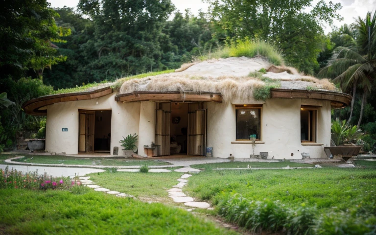 A photograph of a symmetrical contemporary round house with buttress wall, ((stone foundation wall)), in a tropical backyard, mustard yellow terracota plaster walls (((rustic clay stucco))), ((corner walls rounded)), (((higth walls))) ((rustic clay plaster)), (((terracotta walls with rounded corners, organic curves and squared))), (((rustic earth plaster, mud))), (((green roof with wooden edge))), (((wooden roof structure, wooden rake, wooden fascia board))), eaves, ((roof with wooden structure)), In Bahia (((tropical garden))), ((natural houses, organic buildings, organic architecture)), ecovillage, sustainable architecture, bioconstruction architecture, solarpunk architecture, (((grass roof, green roof, green wave roof, rounded roof, vegetated roofs))), (((rock base foundation wall, foundation height 30cm, stone base wall 30cm high))), ((green architecture)), passive house, clear sky in the background, painful beauty, modern, imposing, green house, ((Bali hobbit Hadid Style)), super resolution, cinematic, color grading, editorial photography, photography, photo shoot, (((dramatic front eye top angle view))), O 50mm, depth of field, intricate details, natural colors, sharp focus, warm light, shutter speed 1/1000, F/22, White Balance, Ray Trace Reflections, Lumen Reflections, Screen Space Reflections, Diffraction Rating, Chromatic Aberration, GB Shift, Partial Lighting, Backlighting, Daylighting, Scan Lines, ambient occlusion, antialiasing, shaders, OpenGL-Shaders, GLSL-Shaders, Post-processing, post-production, shading, tone mapping, incredibly detailed and complex, hypermaximalist, elegant, hyperrealistic, super detailed, dynamic pose, Fujifilm XT