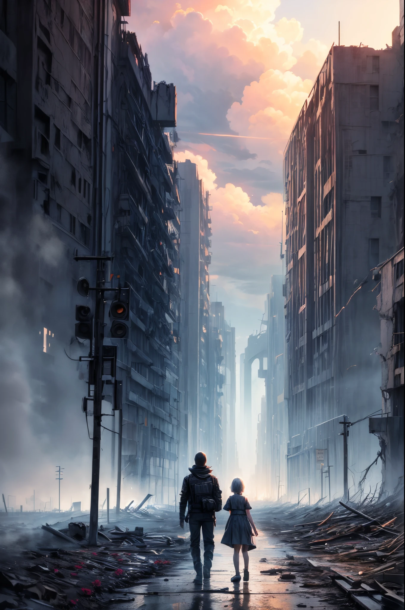 "Digital art, ((forlorn)) Boy with his Sister wandering through a nuclear wasteland, flowers breaking through the destruction, eerie ruins under a tumultuous sky, ((desolate beauty)), ((emotional depth)), detailed, haunting"