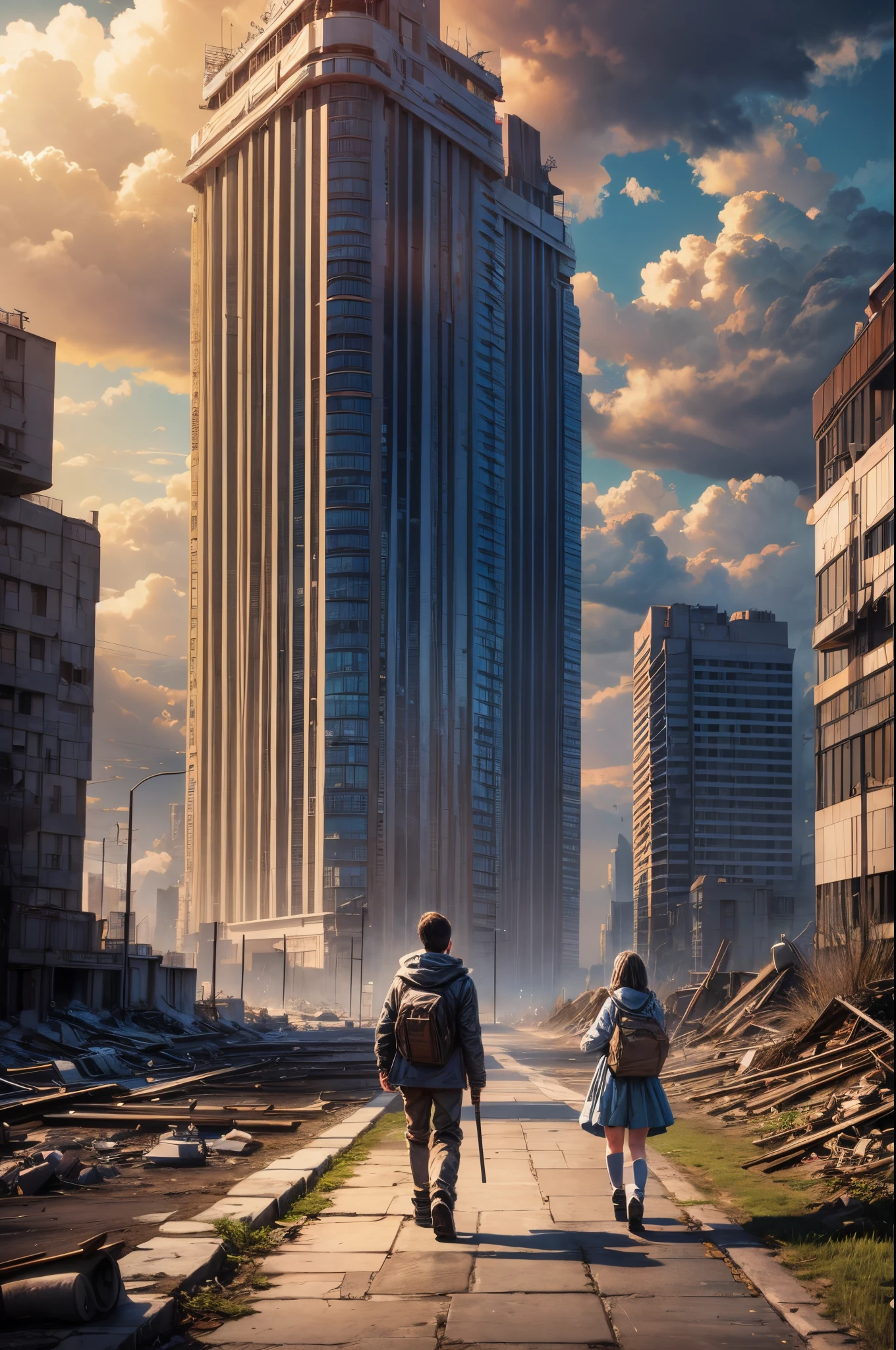 "Digital art, ((forlorn)) Boy with his Little Sister wandering through a nuclear wasteland, flowers breaking through the destruction, eerie ruins under a tumultuous sky, ((desolate beauty)), ((emotional depth)), detailed, haunting"