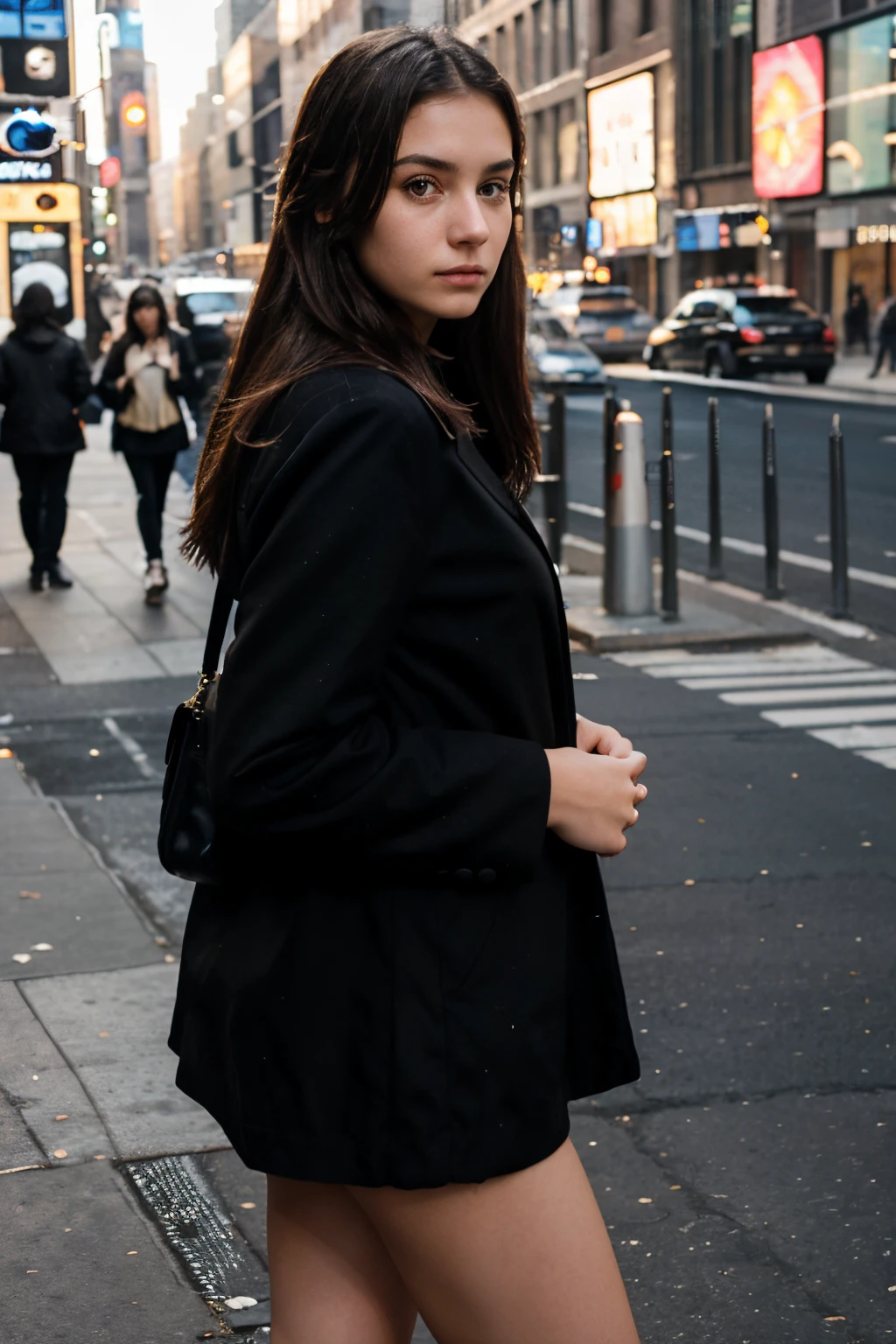 Real photography of a 20yo woman, perfect face, in new york street standing in front of black taxi