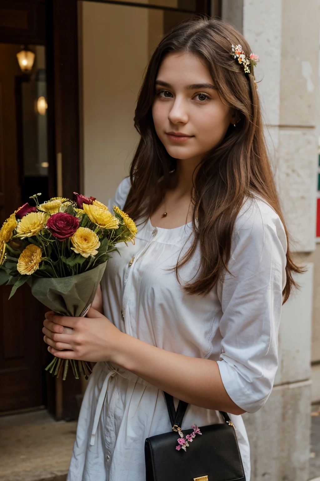 beautiful 20yo woman, holding flowers in hand, don't include girl's face