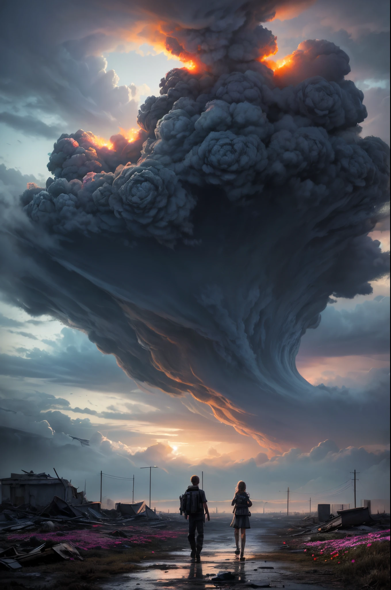 "Digital art, ((forlorn)) Boy with his Little Sister wandering through a nuclear wasteland, flowers breaking through the destruction, eerie ruins under a tumultuous sky, ((desolate beauty)), ((emotional depth)), detailed, haunting"