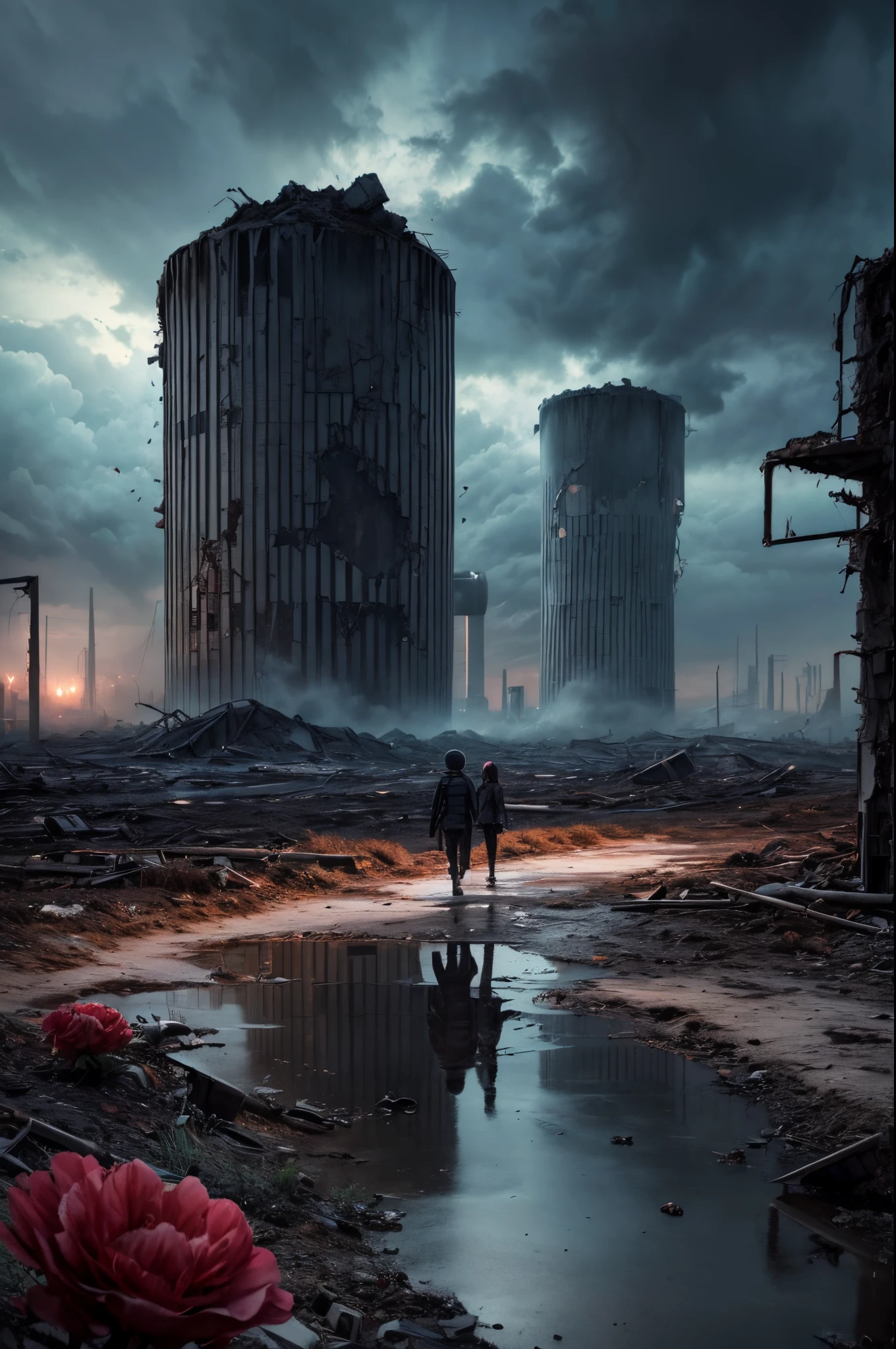"Digital art, ((forlorn)) Boy with his Sister wandering through a nuclear wasteland, flowers breaking through the destruction, eerie ruins under a tumultuous sky, ((desolate beauty)), ((emotional depth)), detailed, haunting"