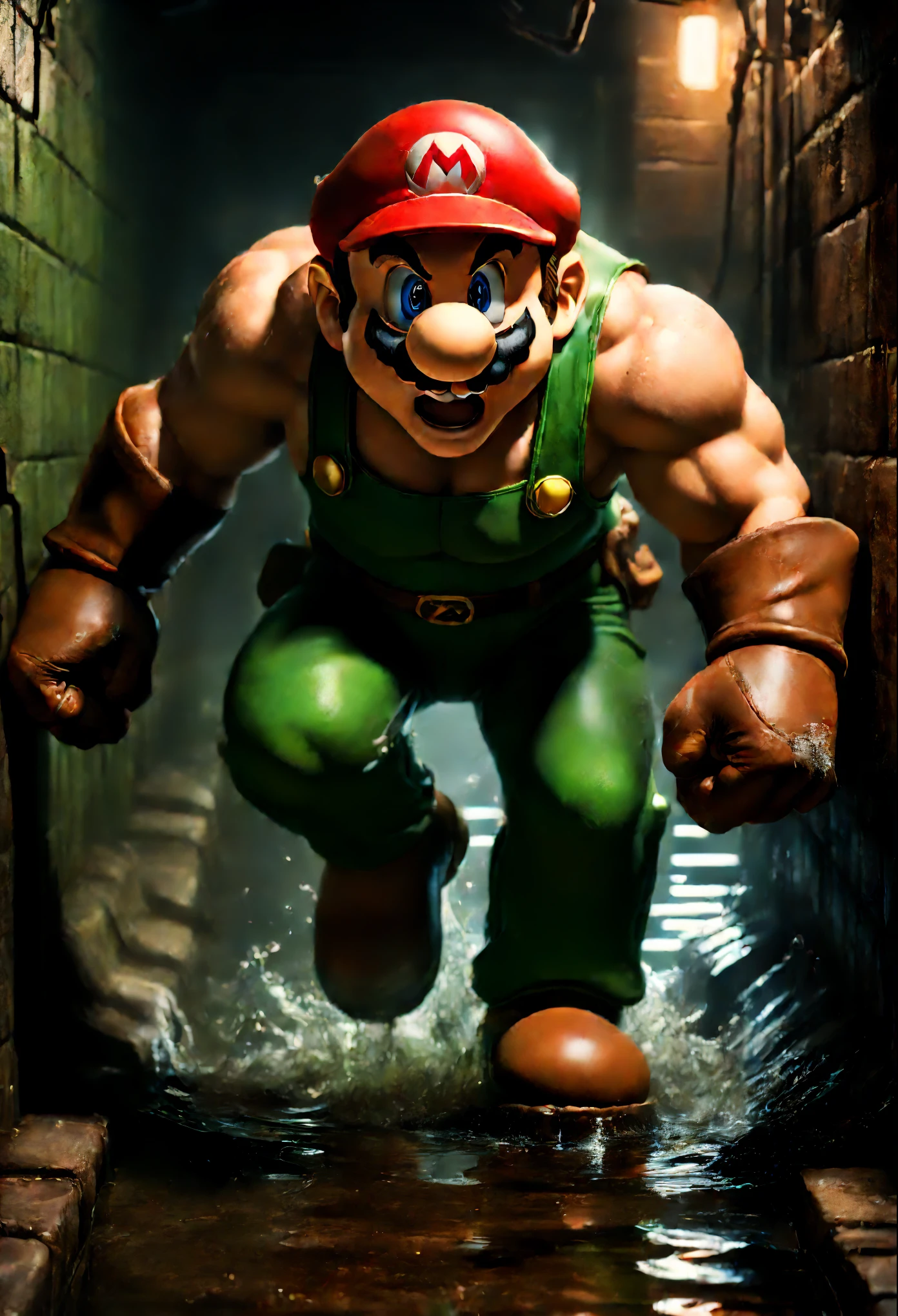 Muscular, shirtless, angry Super Mario, with incredible physique, in a dimly lit sewer filled with grimy walls and flowing sewage. The Super Mario has detailed eyes filled with fury and determination, while his lips are tightly locked in a fierce expression. The scene showcases an ultra-detailed rendering of Super Mario, highlighting his bulging muscles and veins as he prepares for an epic battle. The artwork is created using a combination of oil painting and 3D rendering techniques, resulting in a masterpiece that exudes power and intensity.

The lighting in the sewer creates a dramatic atmosphere, with shadows cast across Mario's toned physique. The color palette is dark and gritty, with deep shades of green, brown, and black dominating the scene. The lighting effects are carefully crafted to enhance the contrast between light and shadow, adding a sense of depth to the artwork.

To ensure the best quality and high resolution of the image, the prompt includes the tag "(best quality, 4k, 8k, highres, masterpiece:1.2)", guaranteeing a visually stunning output. Additionally, the prompt emphasizes the ultra-detailed nature of the artwork, capturing every intricate detail of Super Mario's muscles, facial features, and even the textures of the sewer walls. The prompt also highlights the realistic and photorealistic style of the artwork, showcasing the artist's attention to detail and ability to bring the character to life.

Overall, this prompt combines elements of an iconic video game character, a unique setting, and a meticulous art style to create a compelling and visually striking masterpiece.