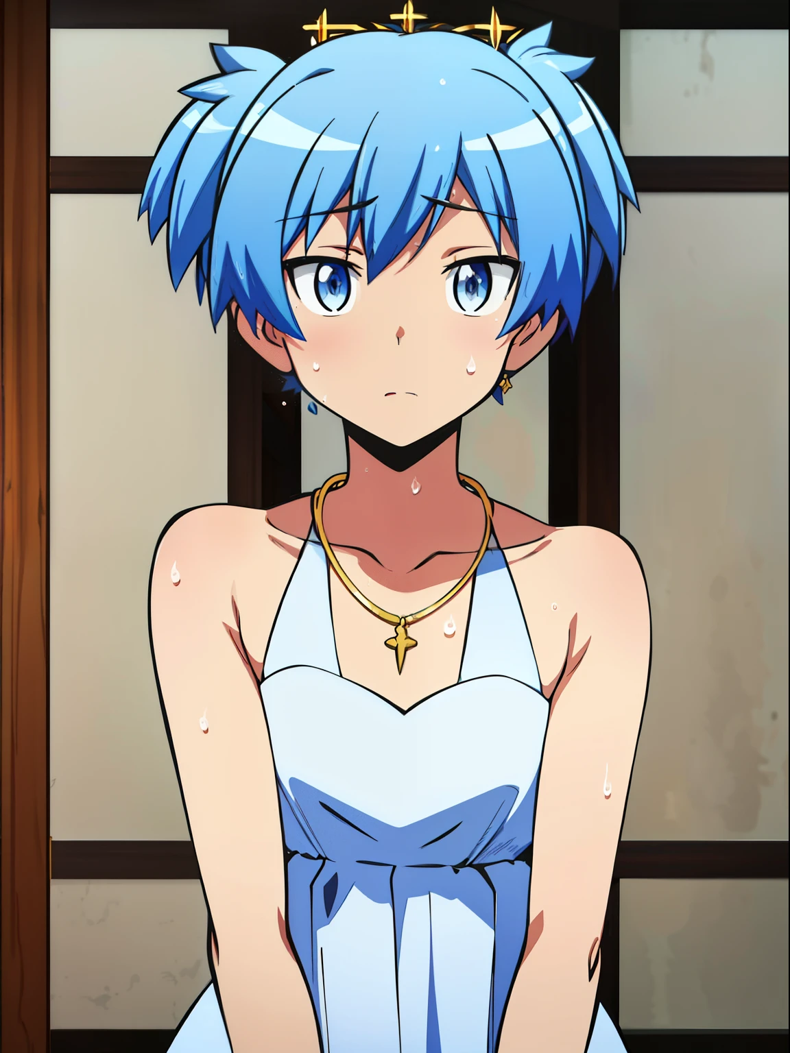 masterpiece, best quality, high quality, 1boy, solo, male focus, looking at viewer, upper body, shiota_nagisa, blue hair, blue eyes, short twintails, Shy, Sweat, Transparent veil covering the head, Gold necklace, Elbow glove, Halter dress, Such  a cute smooth armpit, White dress, Wedding party, Wedding atmosphere