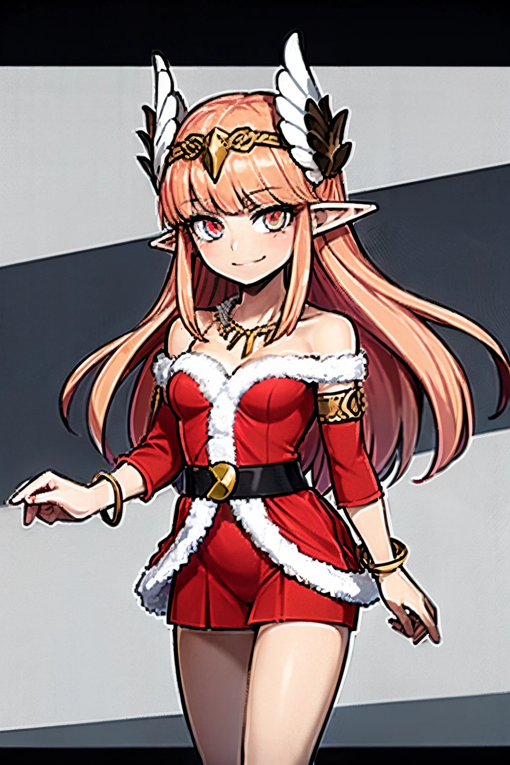 {Circe_FGO:1.15}, pointed_Ears, Pink_hair, Head_Wings, Wings, fringe, feathered_Wings, Long_hair, jewel, smile, small breasts, , blush, small_breasts, multicolored_eye, 1girl, bracelet, looking_at_viewer, , tiara,santa klaus costume, red santa claus hat, santa klaus outfits, christmas outfit, sey clothes, red christmas clothes, in the space, presents in background, best quality, master piece, Tall, alone,