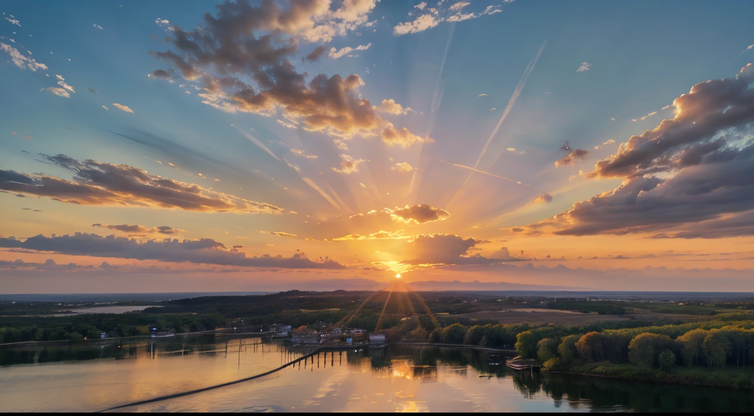 Sunset, Sunrise Summer Landscape.Beautiful Nature.Blue Sky, amazing colorful clouds.Natural Background.Artistic Wallpaper.Lake, sun.