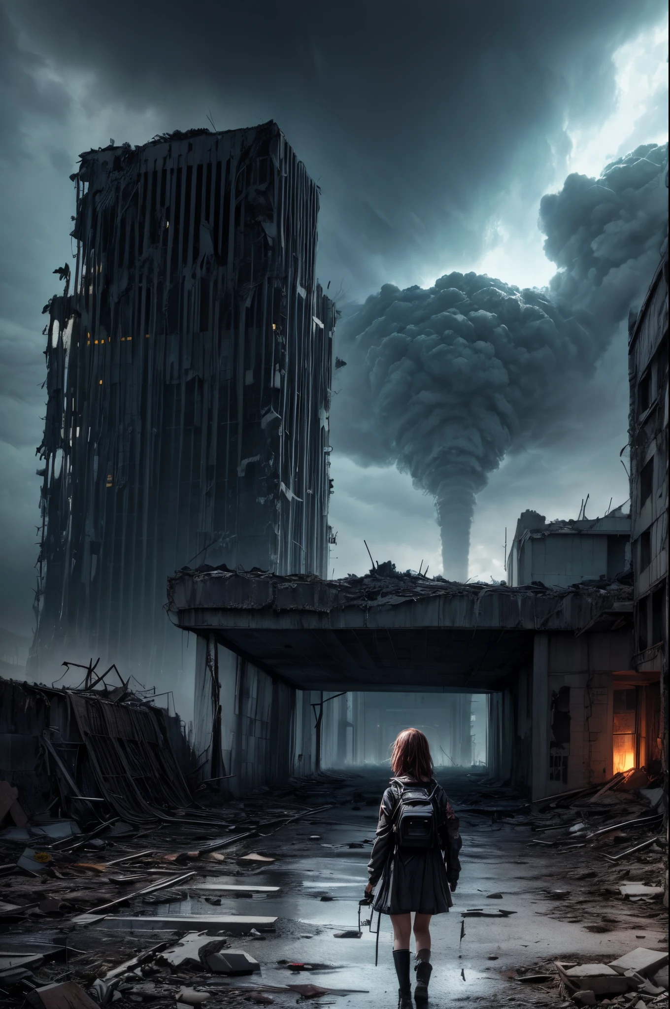 "Digital art, ((forlorn)) girl wandering through a nuclear wasteland, flowers breaking through the destruction, eerie ruins under a tumultuous sky, ((desolate beauty)), ((emotional depth)), detailed, haunting"