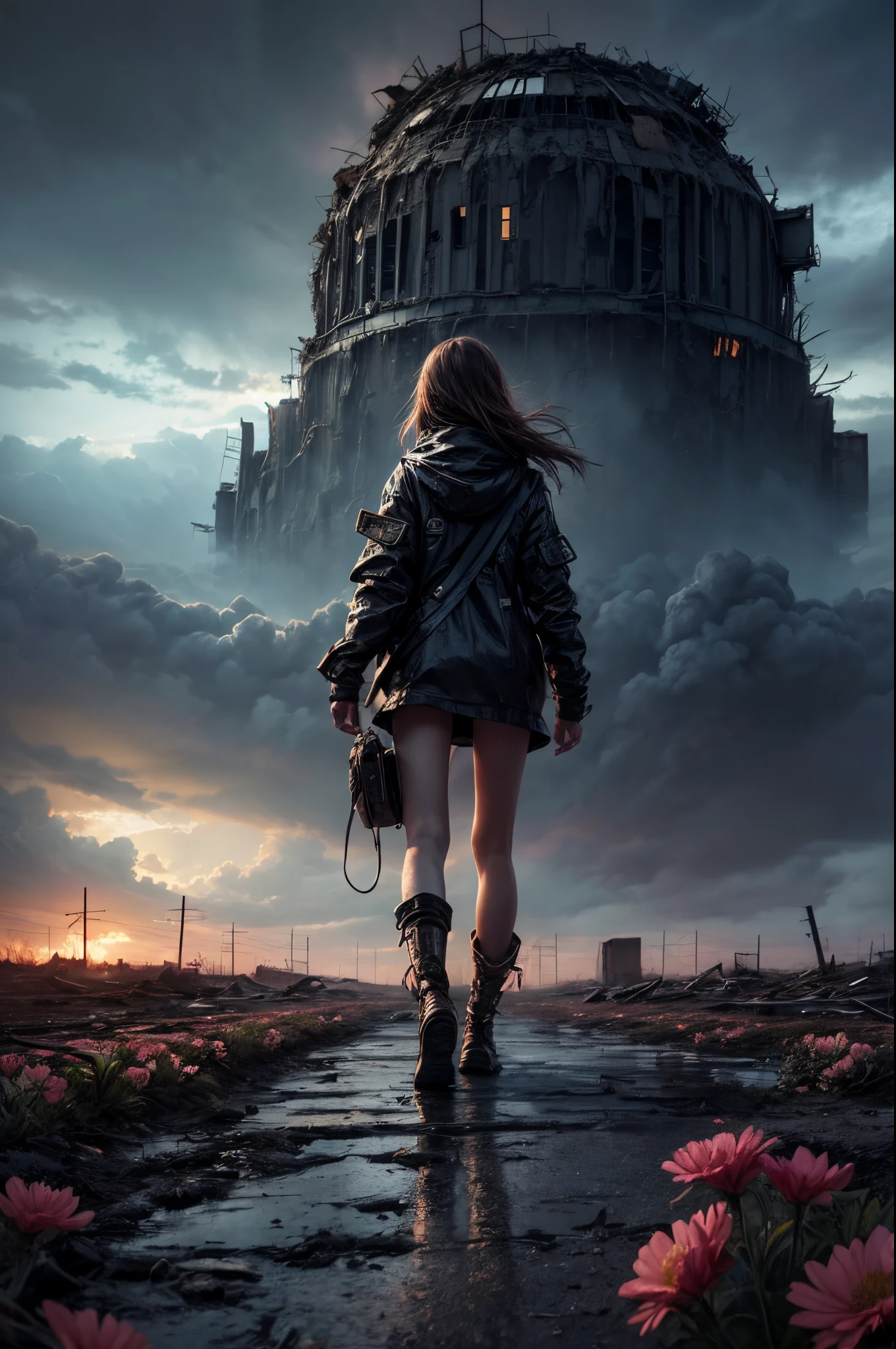 "Digital art, ((forlorn)) girl wandering through a nuclear wasteland, flowers breaking through the destruction, eerie ruins under a tumultuous sky, ((desolate beauty)), ((emotional depth)), detailed, haunting"