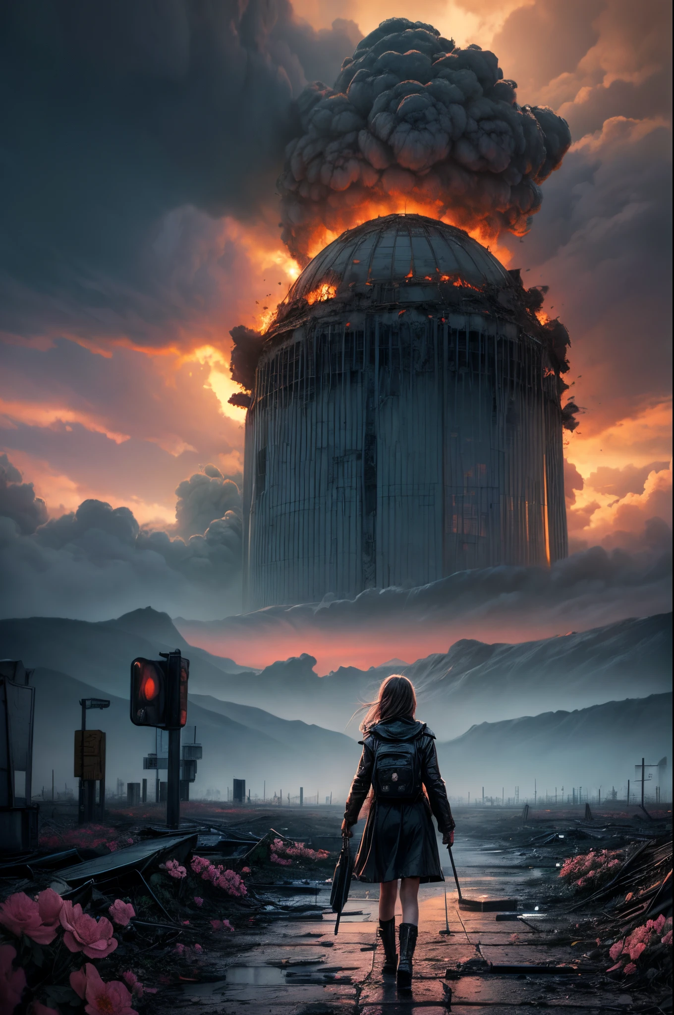"Digital art, ((forlorn)) girl wandering through a nuclear wasteland, flowers breaking through the destruction, eerie ruins under a tumultuous sky, ((desolate beauty)), ((emotional depth)), detailed, haunting"