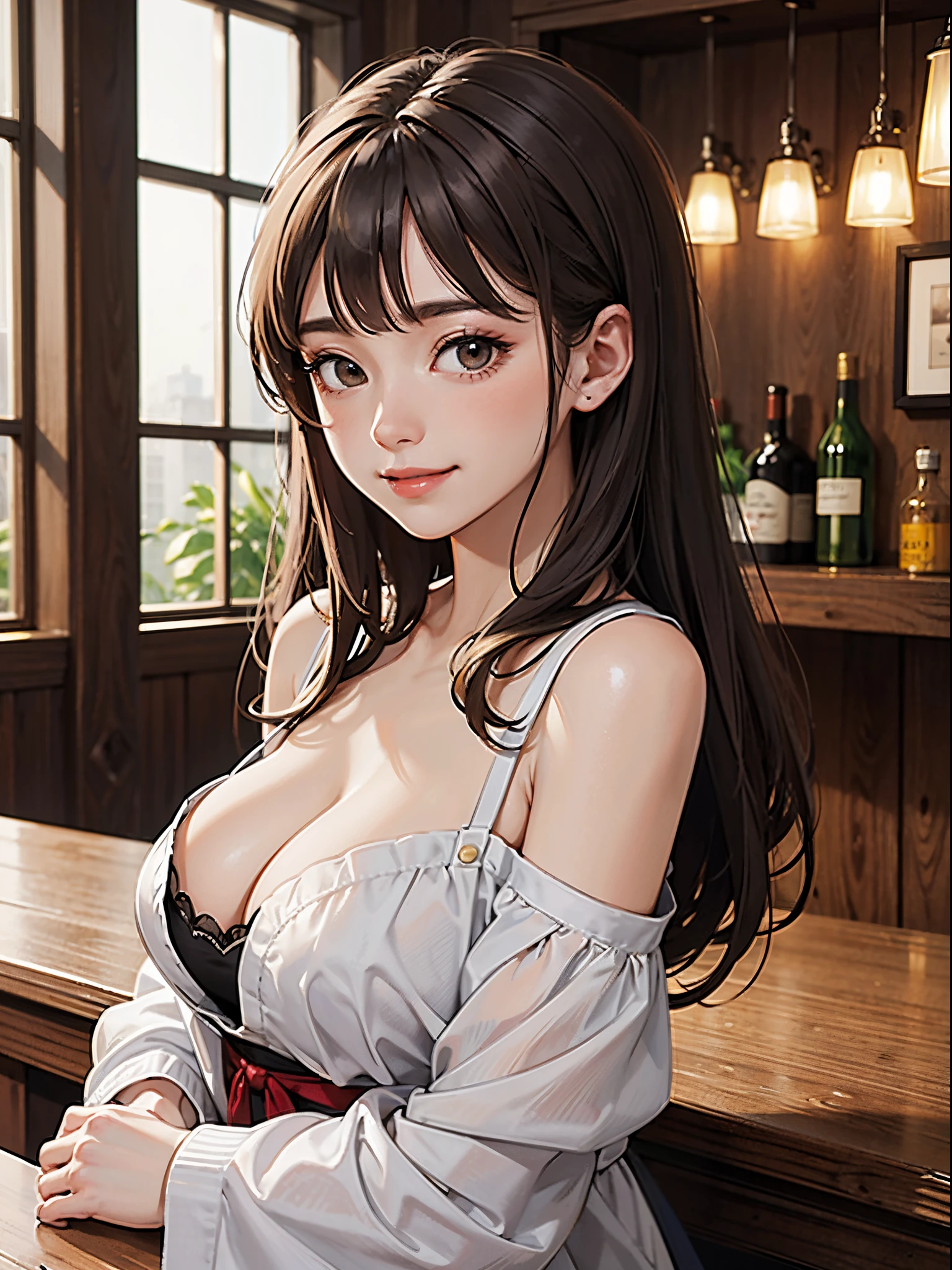 ((masterpiece)), ((best quality)), (ultra-detailed), ((cinematic light)), ((extremely detailed)), (8K), best quality, (beautiful), anime style, 1lady, 18 years old, long ginger hair, parted bangs, brown eyes, delicate illustration, ultra-detailed, ((happy smile)), (blush), (upper body), (voluptuous:0.9), huge breasts, (red blush:1.1), (smile), (cleavage), perfectly proportioned, medieval clothes, from side, (looking to one side), in the background is a rustic medieval bar, detailed background