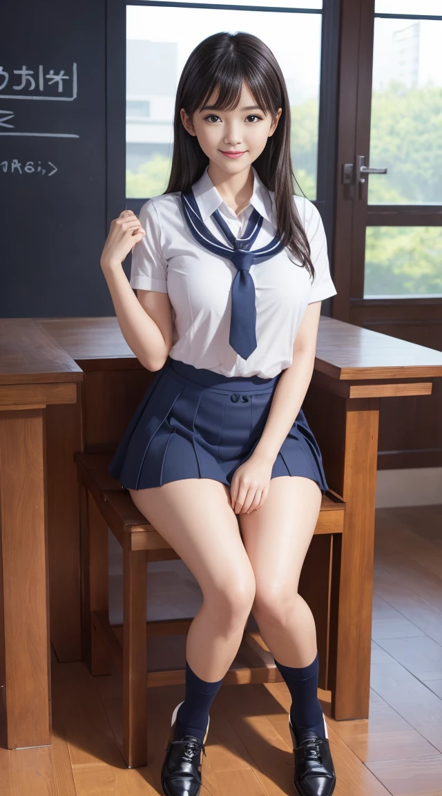 8K、Realistic、A detailed face、Detailed mouth、A detailed eye、wetted skin、sit a chair、raise arms、A smile、shot from front、Dark blue skirt、Leather Shoes、Classroom、Longhaire、fullllbody、thighs thighs thighs thighs、38 years