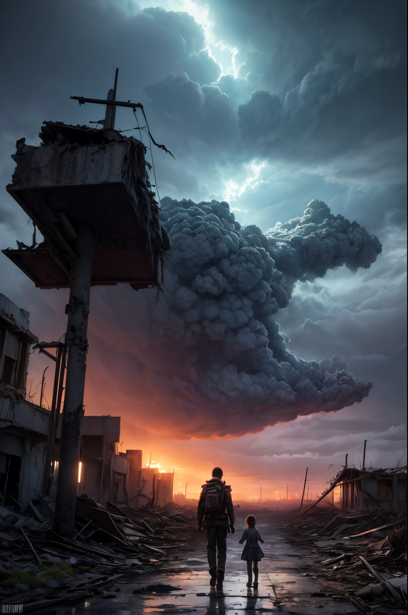 "Digital art, ((forlorn)) Boy with his  Sister wandering through a nuclear wasteland, flowers breaking through the destruction, eerie ruins under a tumultuous sky, ((desolate beauty)), ((emotional depth)), detailed, haunting"